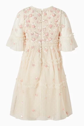 فستان بأكمام قصيرة تول مزين بزهور لامعة 