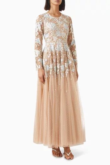 needle and thread long sleeve dress Rosa Sheer Gown  Bring modern bride energy with subtle drama and a  timeless twist in this ethereal ankle-length silhouette layered with  delicate Rosa embroidery over sheer fabric, designed to move beautifully
