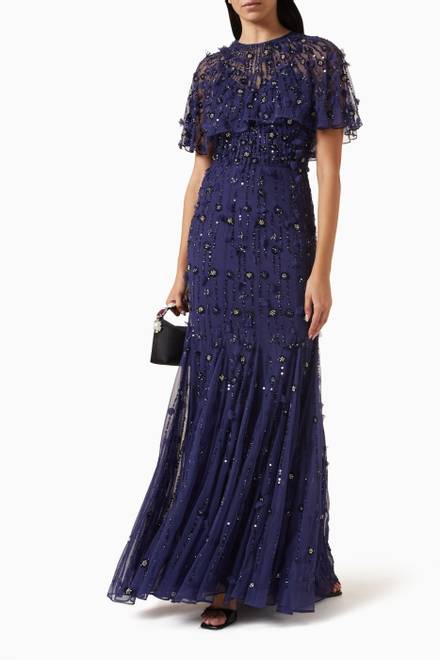 hover state of Embellished Illusion Cape Sleeve Trumpet Gown