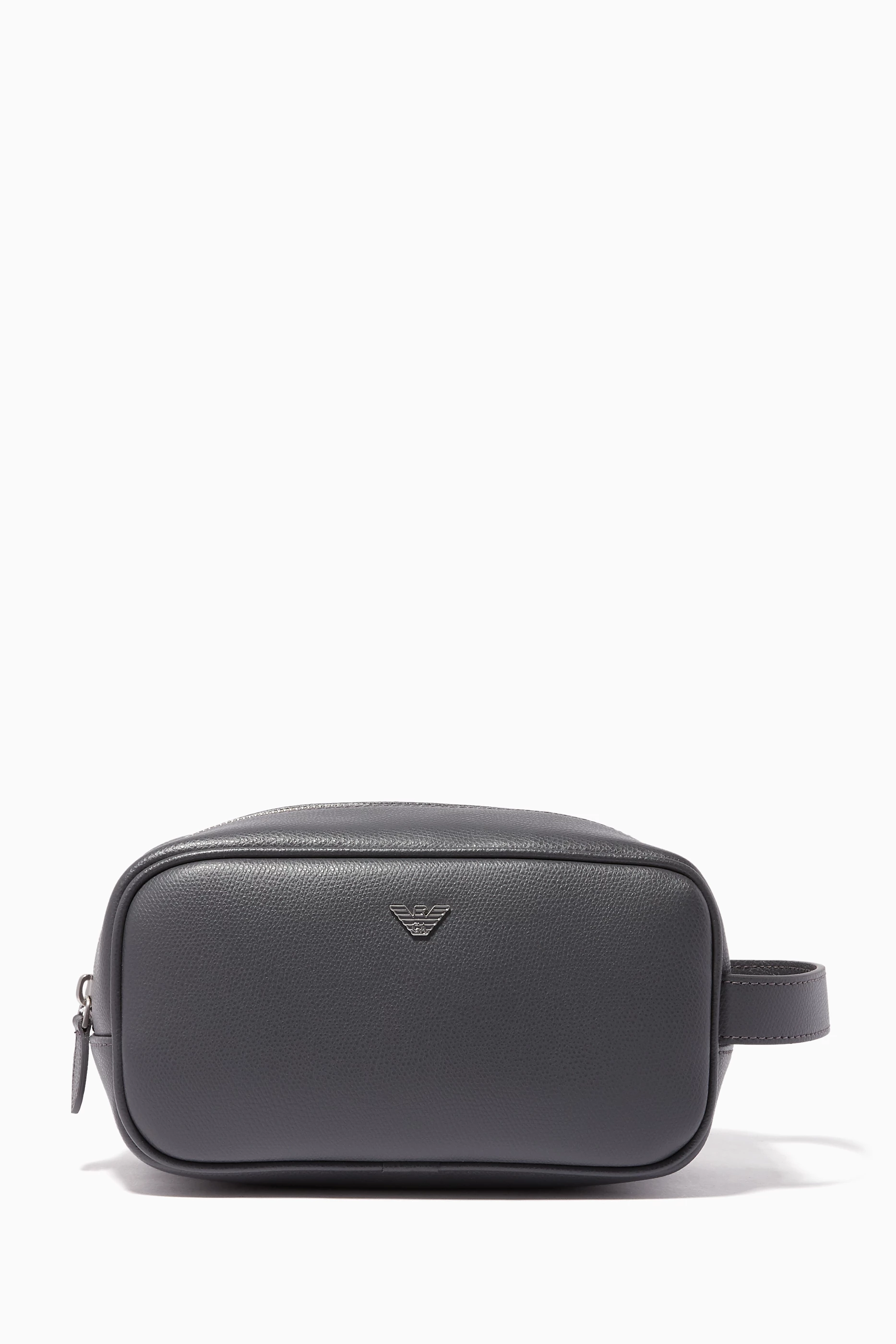 Buy Emporio Armani Grey Eagle Logo Plaque Leather Wash Bag for Men