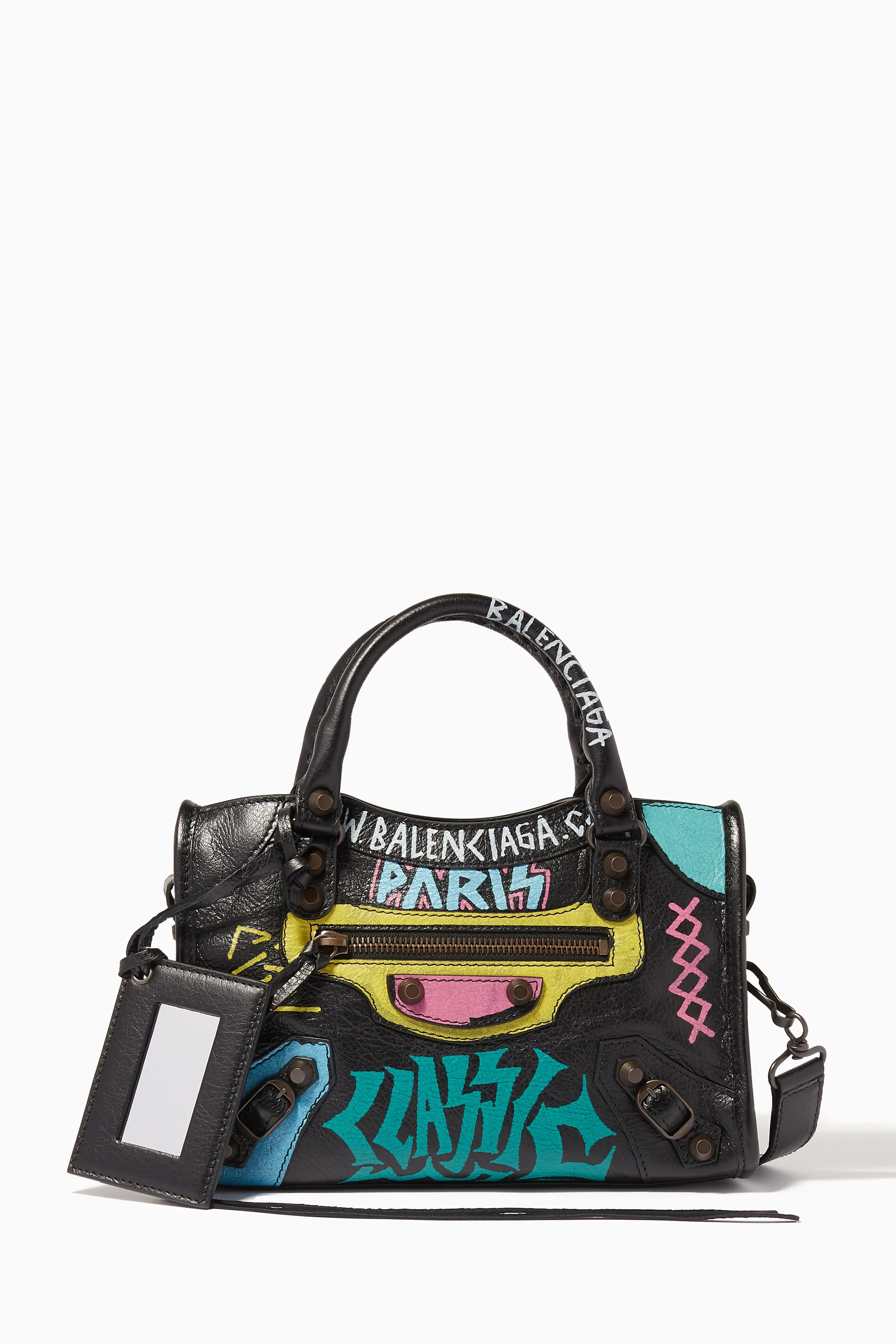 Buy Balenciaga Pink Noir Graffiti Printed Arena Mini City Bag for