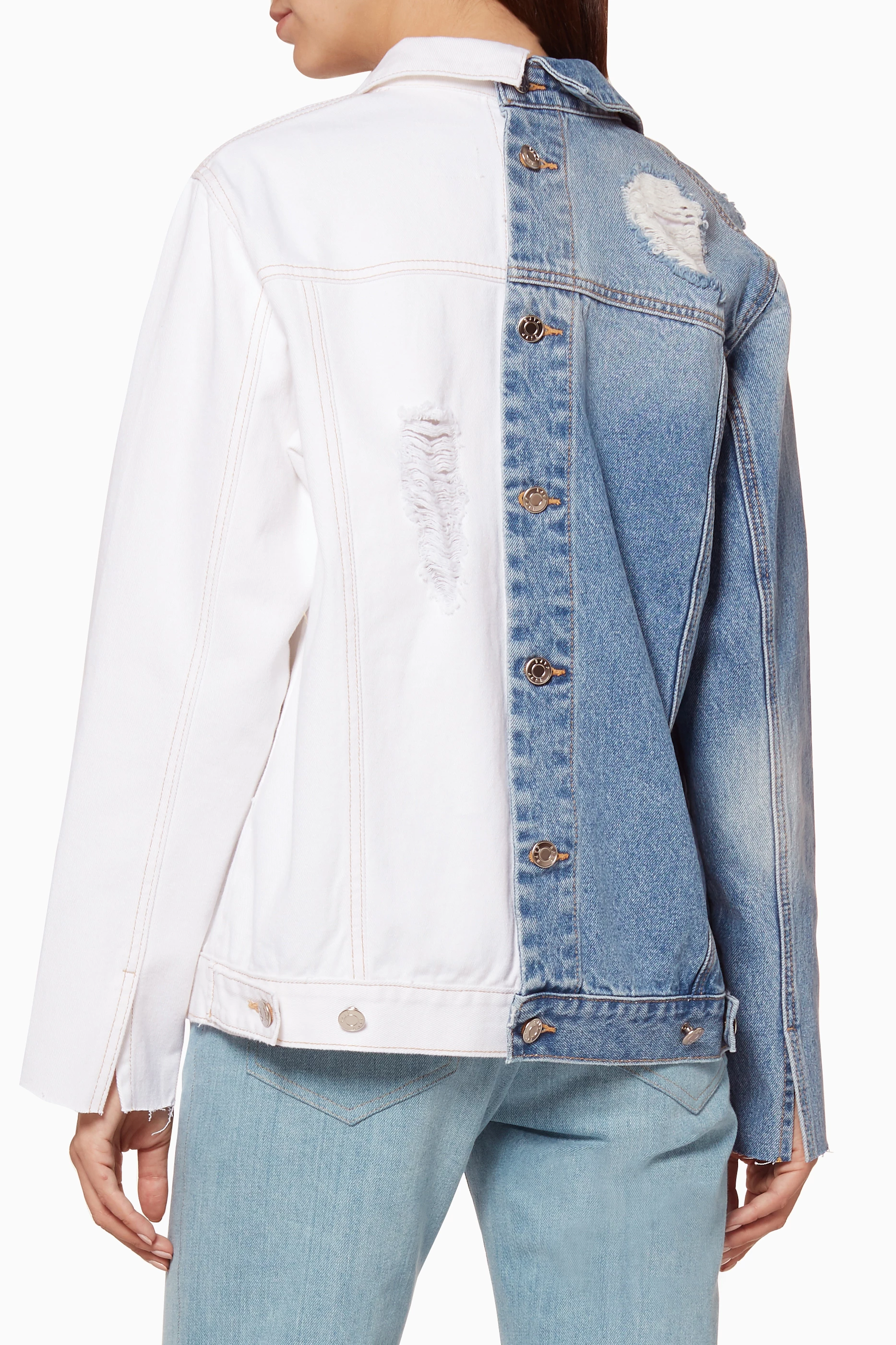 Half white half sales blue denim jacket