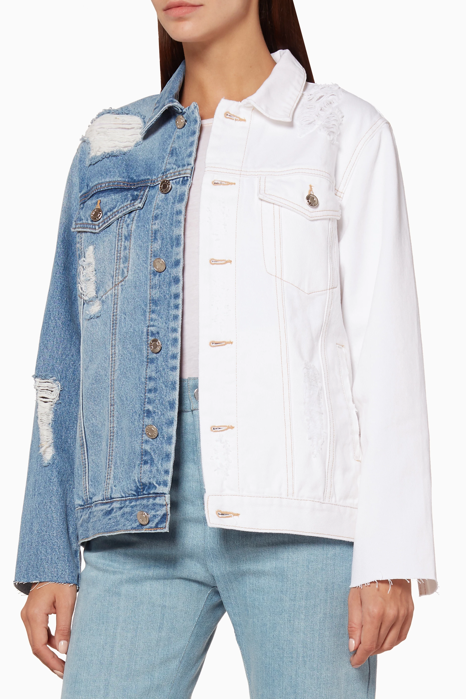 Half white half 2025 blue denim jacket