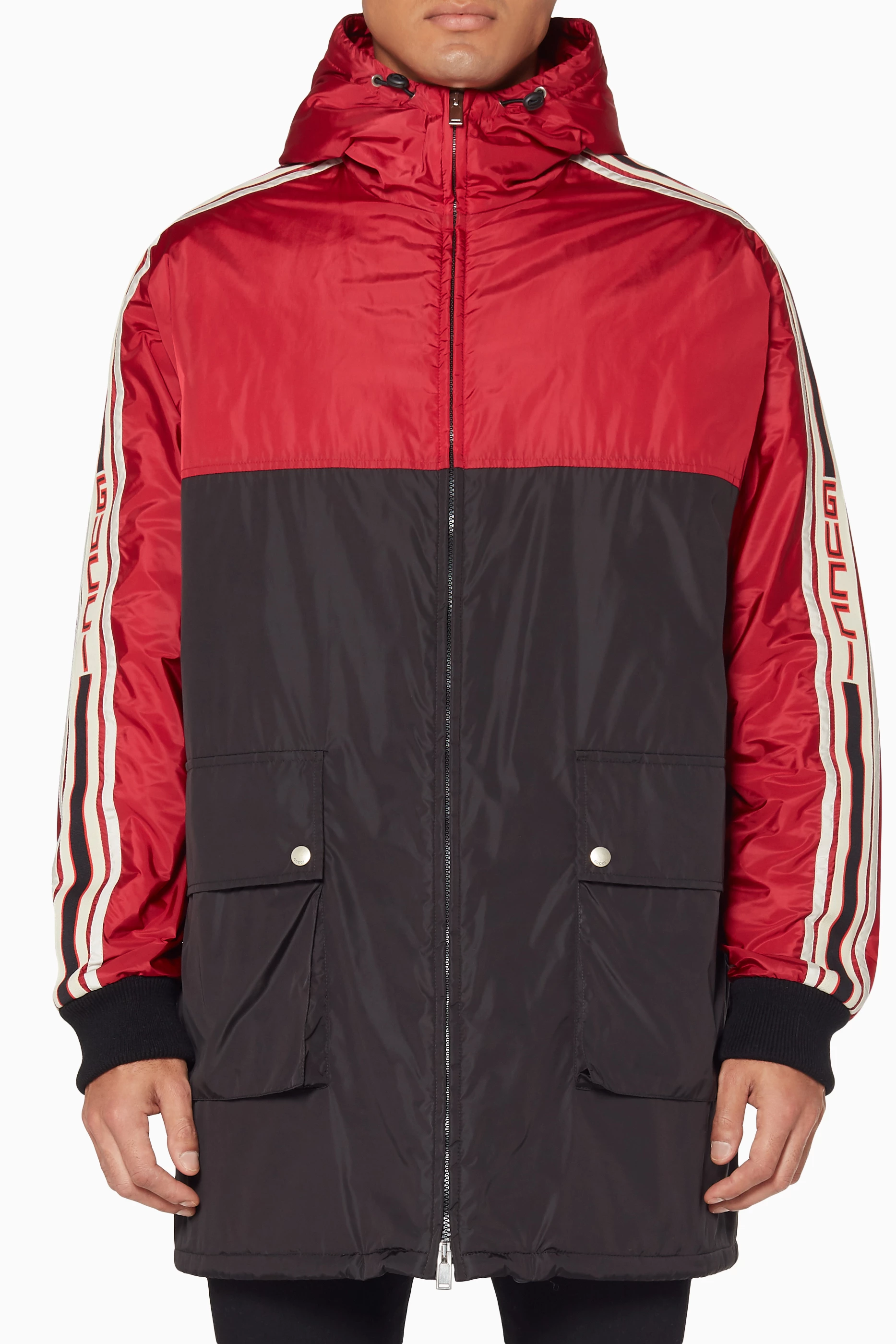 Buy Gucci Red Red Black Gucci Stripe Nylon Coat for Men in Saudi