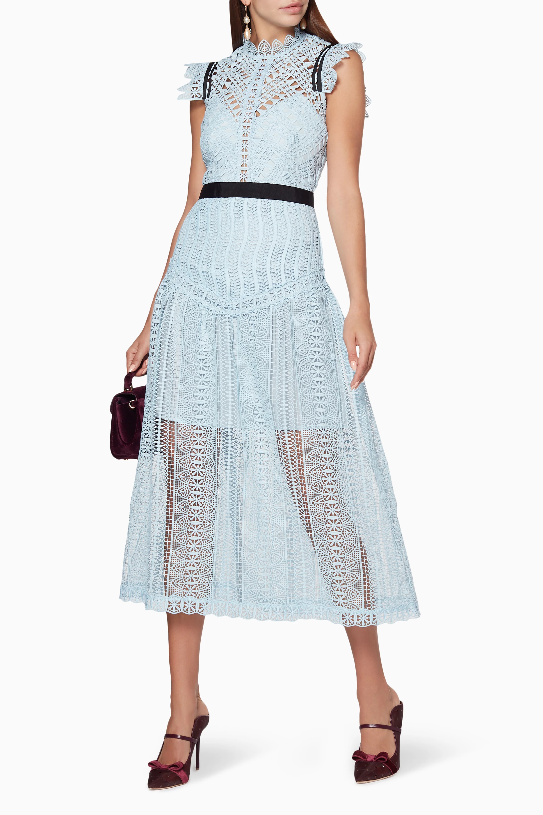 Buy Self Portrait Blue Blue Abstract Triangle Lace Midi Dress for