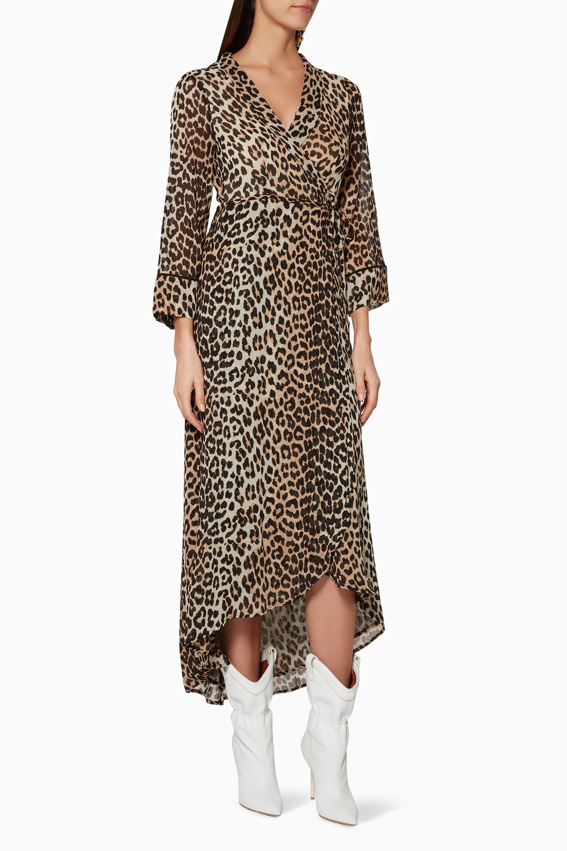 Buy Ganni Brown Leopard Print Mullin Wrap Dress for Women in Saudi