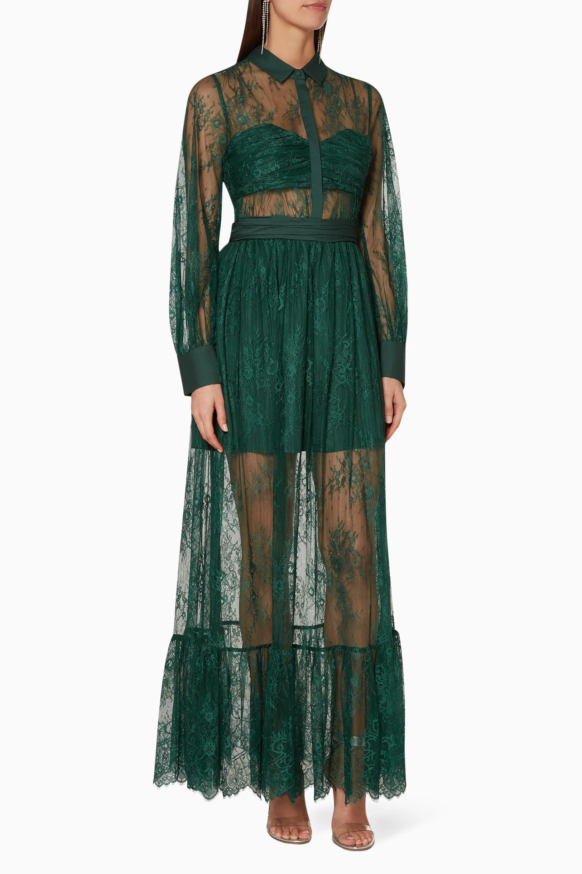 Buy Self Portrait Green Dark Green Fine Floral Lace Dress for
