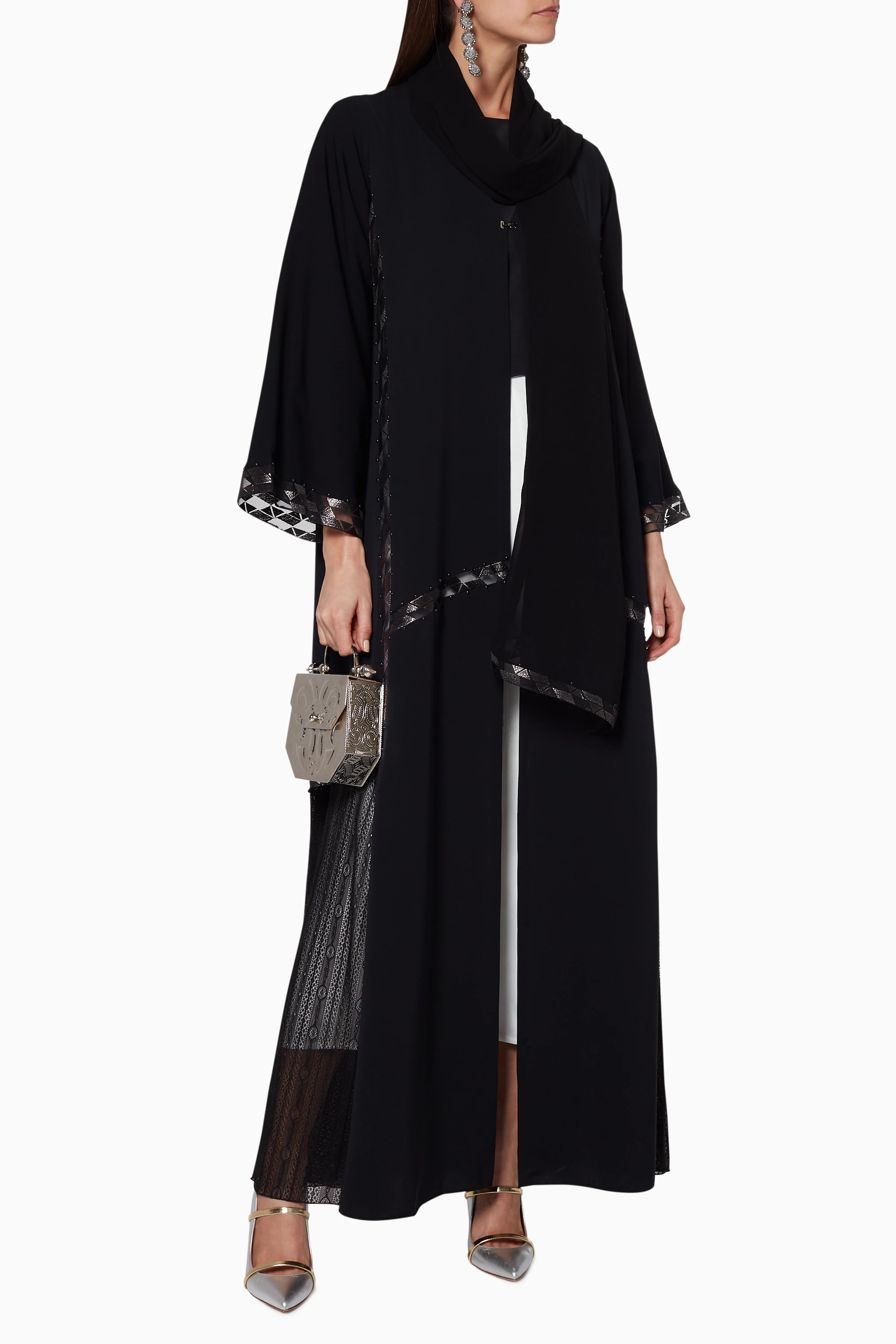 Buy Mauzan Black Black Geometric Lace Abaya With Sheila for Women