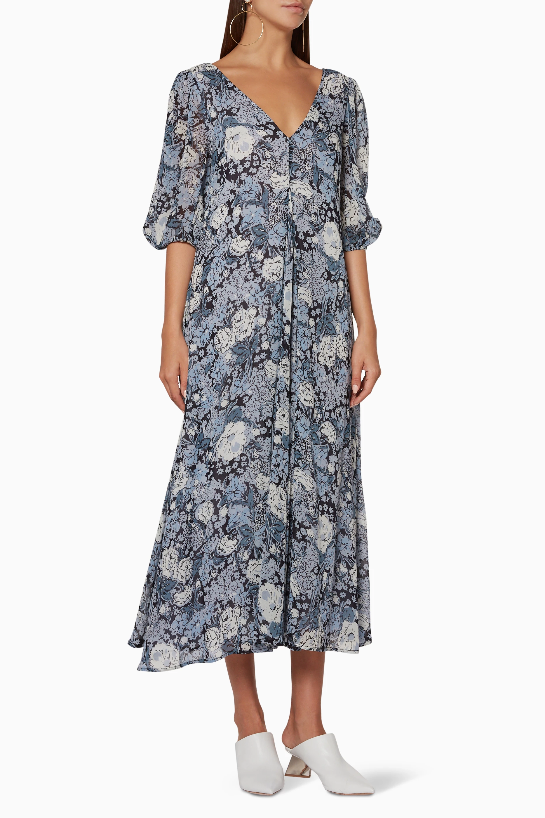 Buy Ganni Blue Blue Elm Georgette V Neck Printed Dress for Women