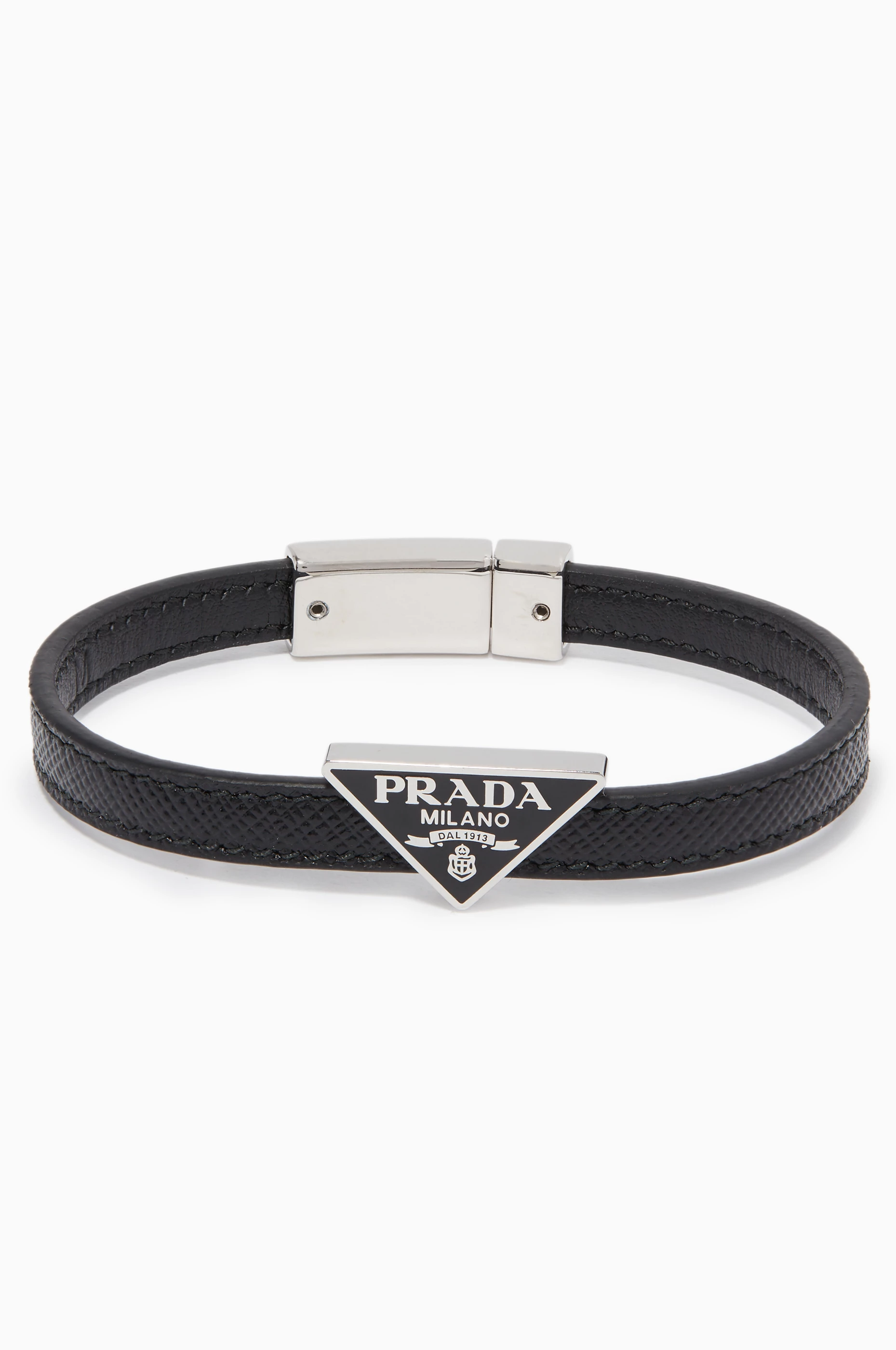 Shop Prada Black Triangle Logo Saffiano Leather Bracelet for MEN | Ounass  Saudi Arabia
