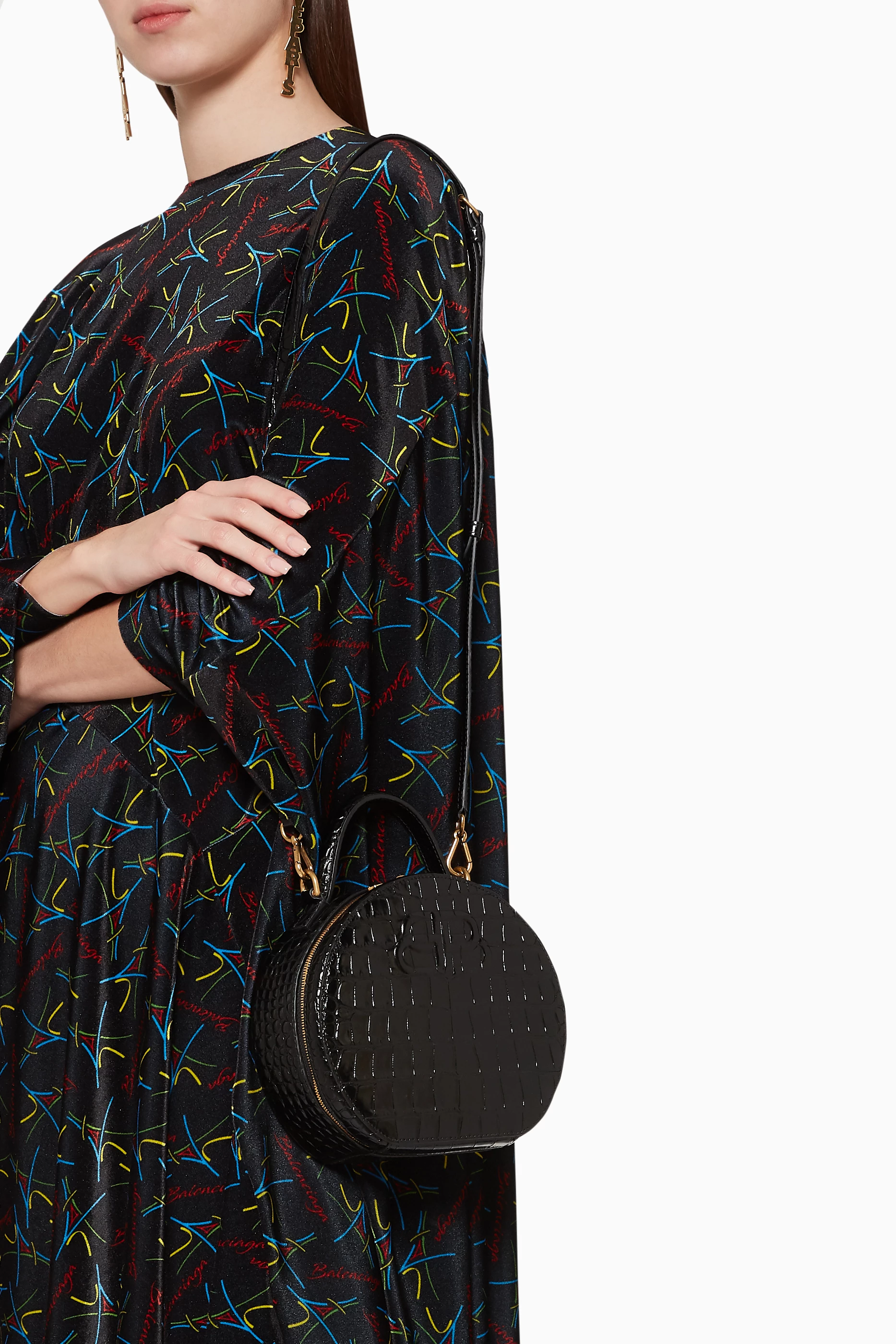 Buy Balenciaga Black Vanity XS Crocodile Embossed Round Bag for