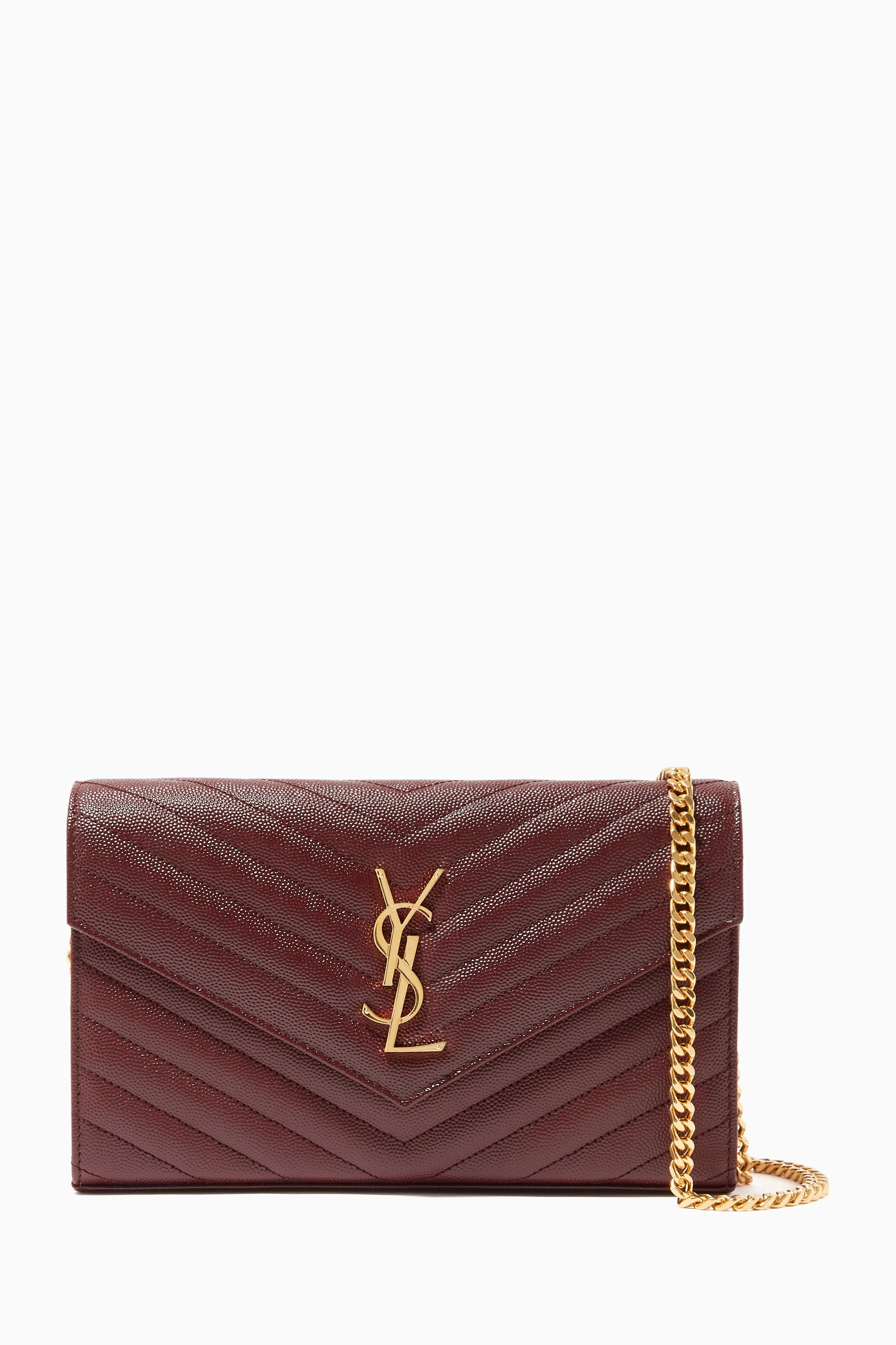 Buy SAINT LAURENT Burgundy Cassandre Chain Wallet in Matelass