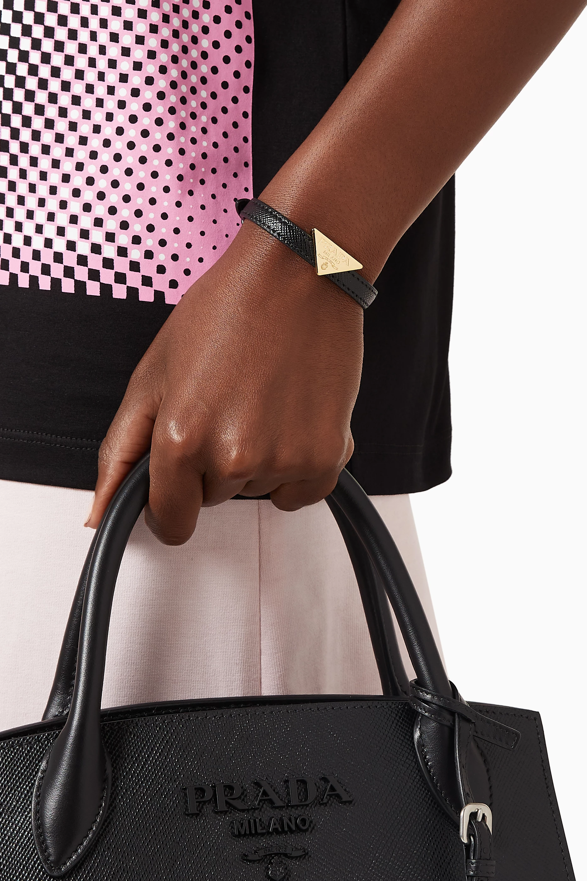 Buy Prada Black Triangle Logo Bracelet in Saffiano Leather for