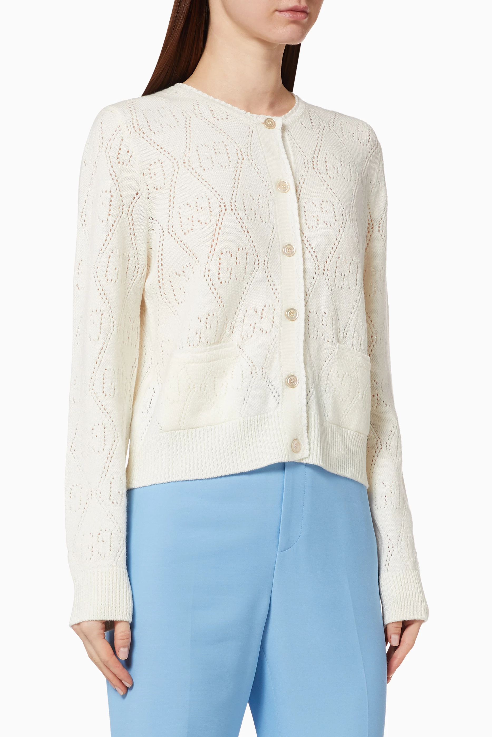 Buy Gucci Neutral GG Perforated Wool Crop Cardigan for Women in