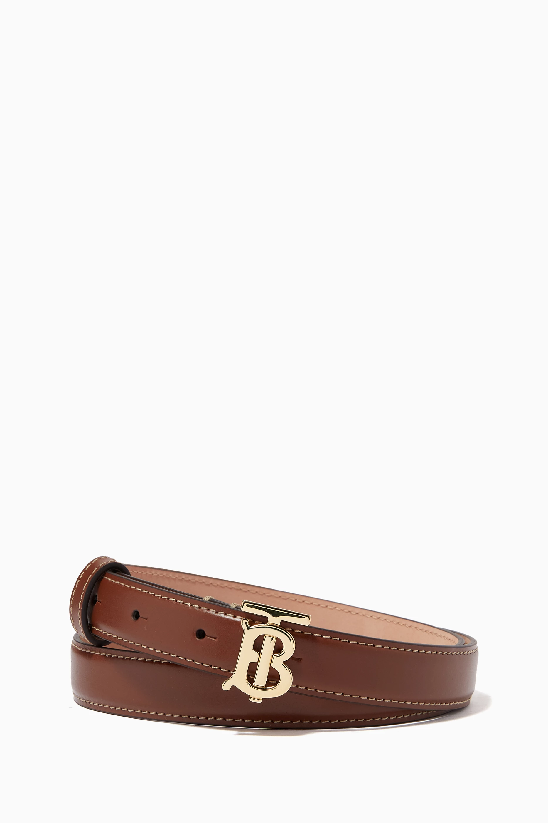 Buy Burberry Brown Monogram Motif Belt in Topstitched Leather for