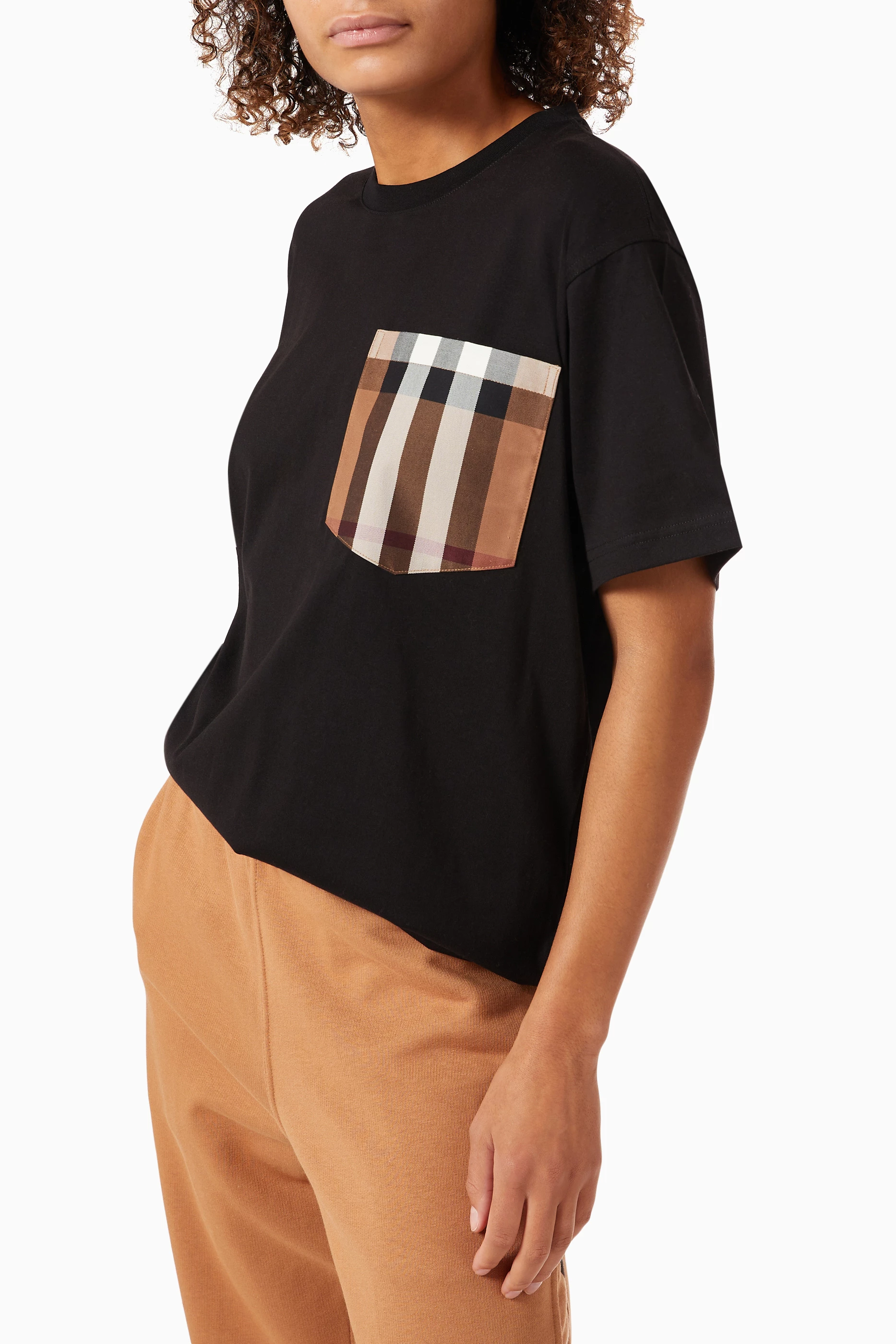 Buy Burberry Black Oversized T shirt with Vintage Check Pocket in