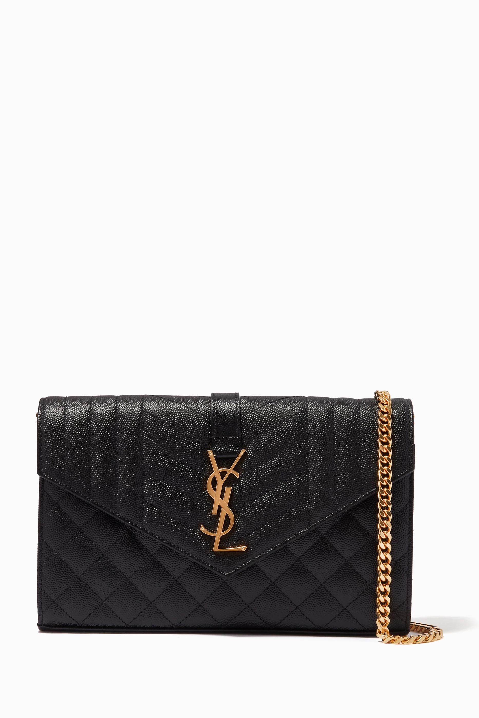 Saint Laurent Monogram Chain Wallet Matelasse Grain de Poudre Gold-tone  Black