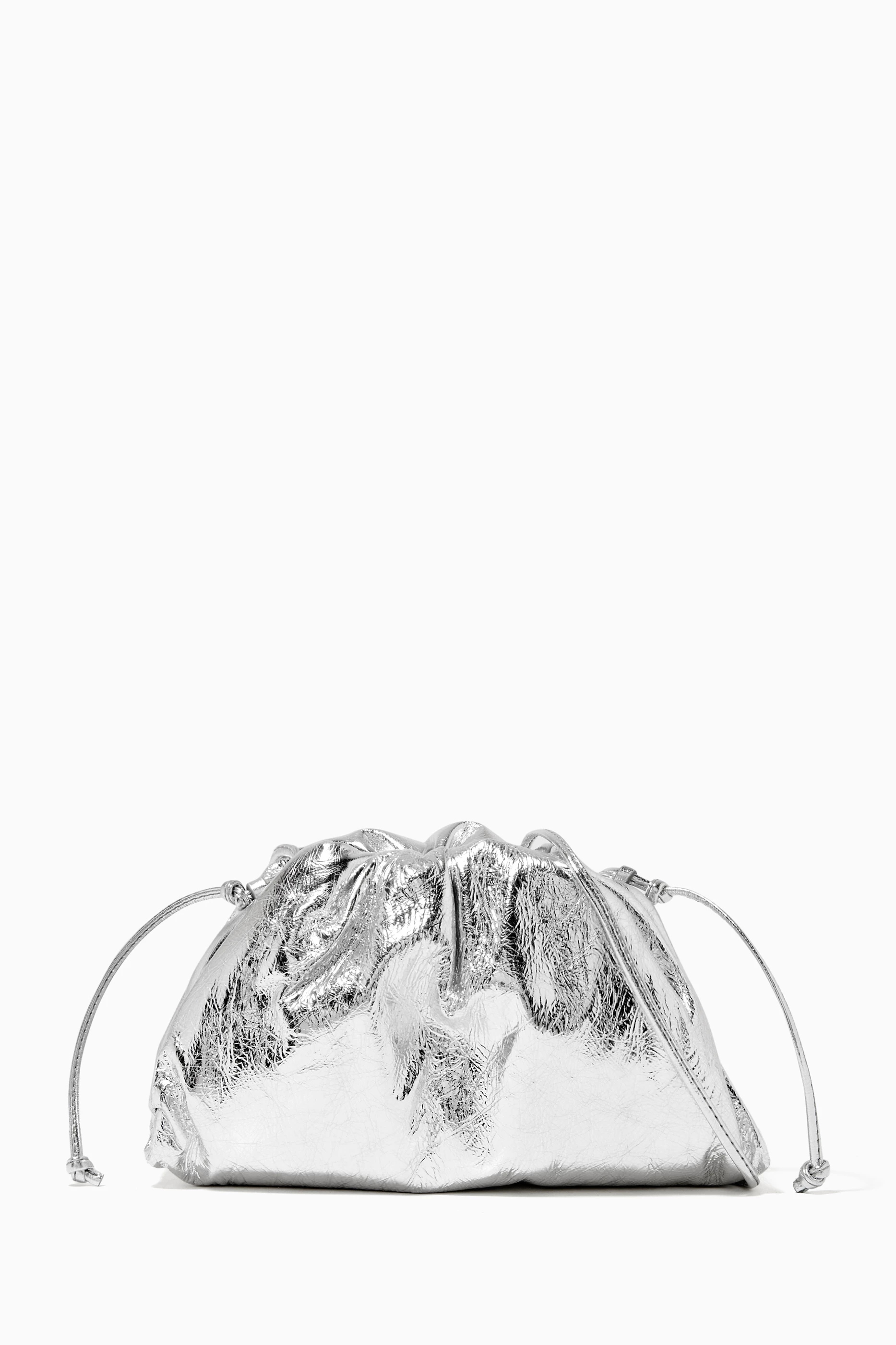 Buy Bottega Veneta Silver Mini Pouch in Laminated Nappa for Women