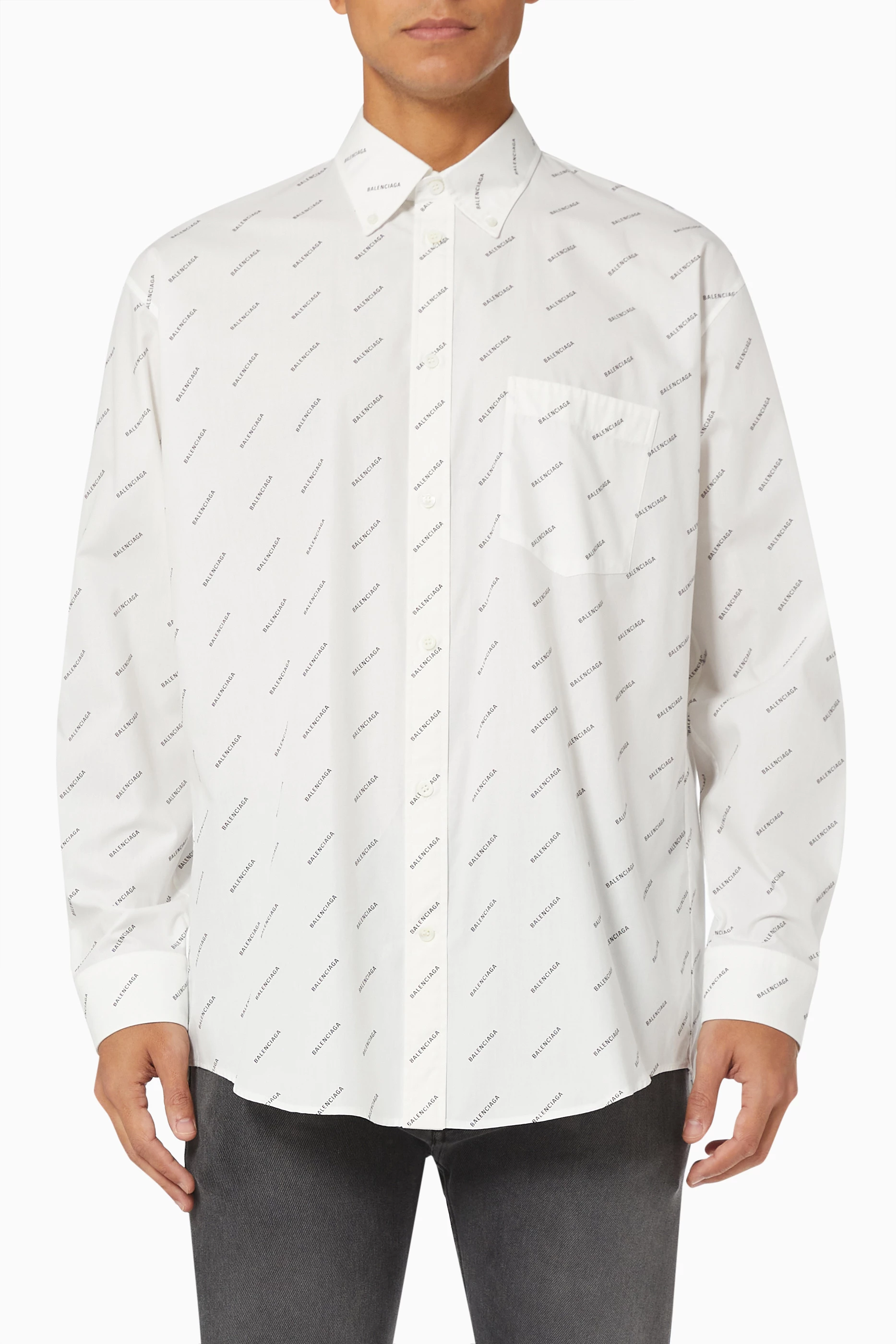 Buy Balenciaga White All over Logo Shirt in Cotton Poplin for Men