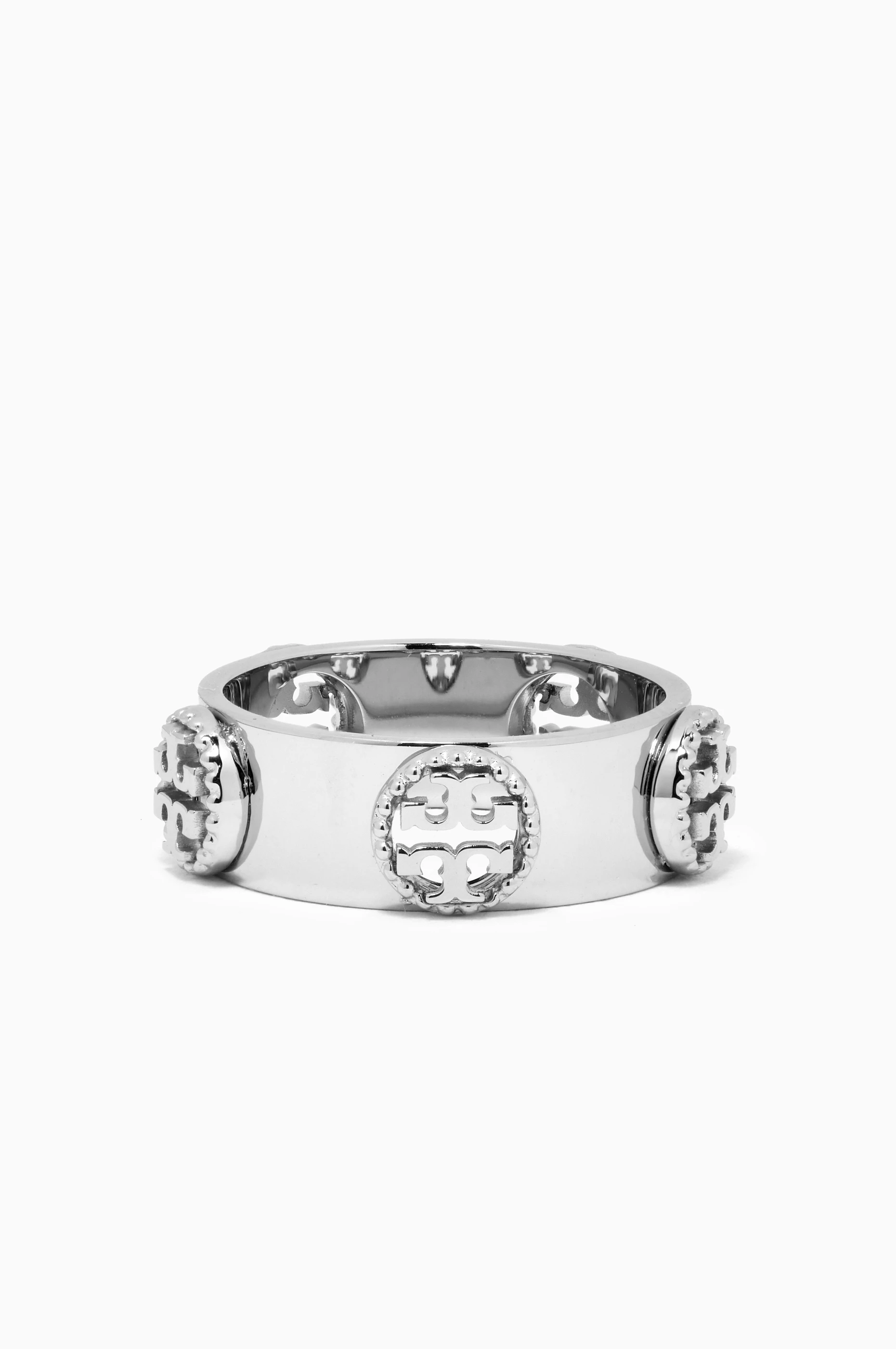 Buy Tory Burch Silver Milgrain Logo Ring in Stainless Steel for