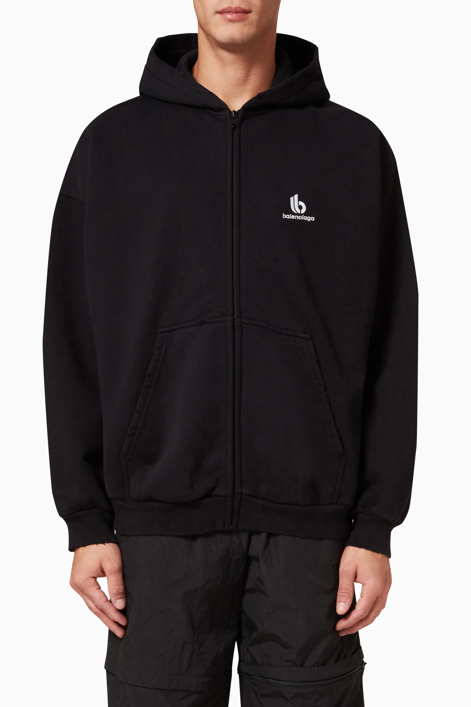 Buy Balenciaga Black Double B Zip Hoodie in Cotton Fleece Online ...