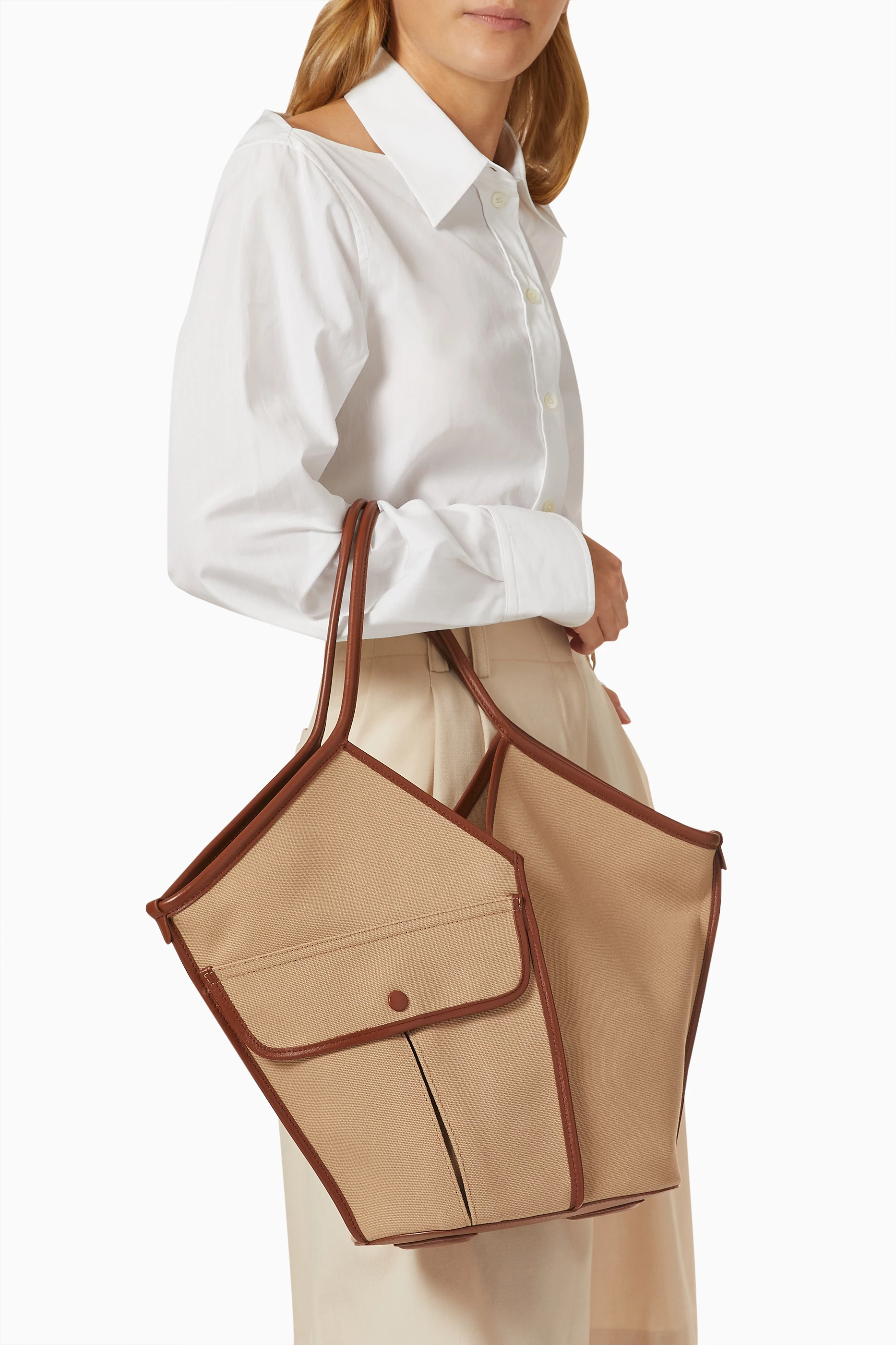 Buy Hereu Neutral Duna Tote Bag in Canvas & Leather for WOMEN in