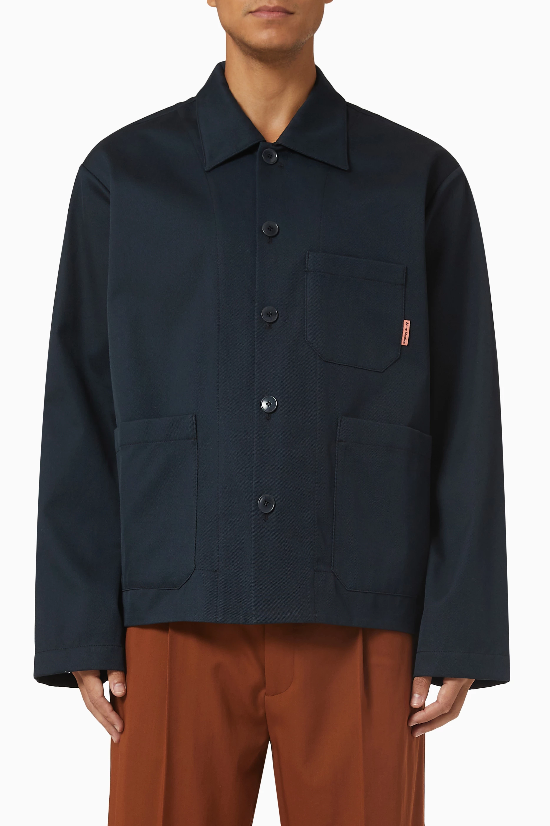 Buy Acne Studios Blue Pink Flag Label Shirt Jacket in Cotton Twill