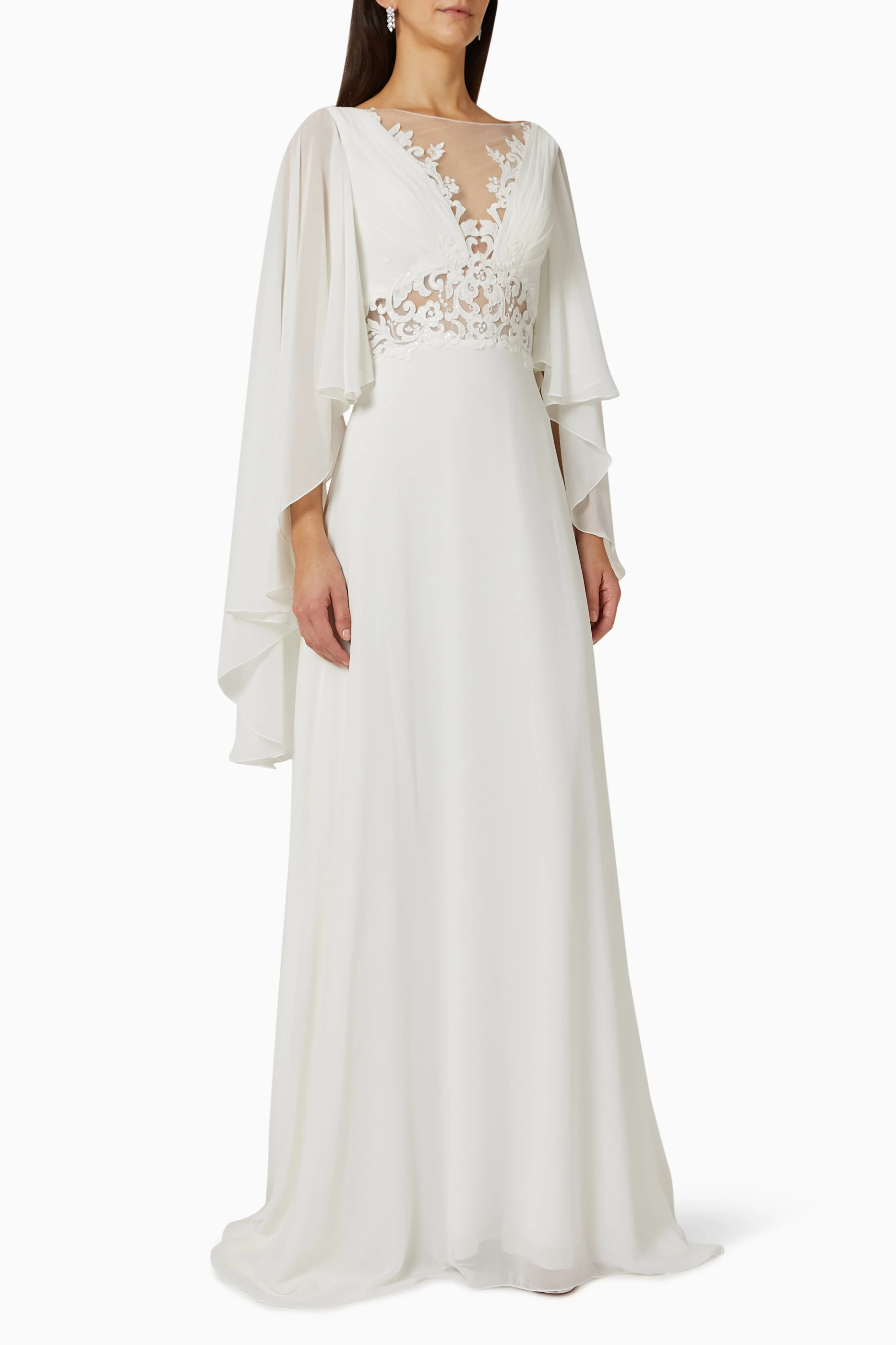 Buy Pronovias Neutral Danakil Cape sleeve Wedding Gown in Chiffon