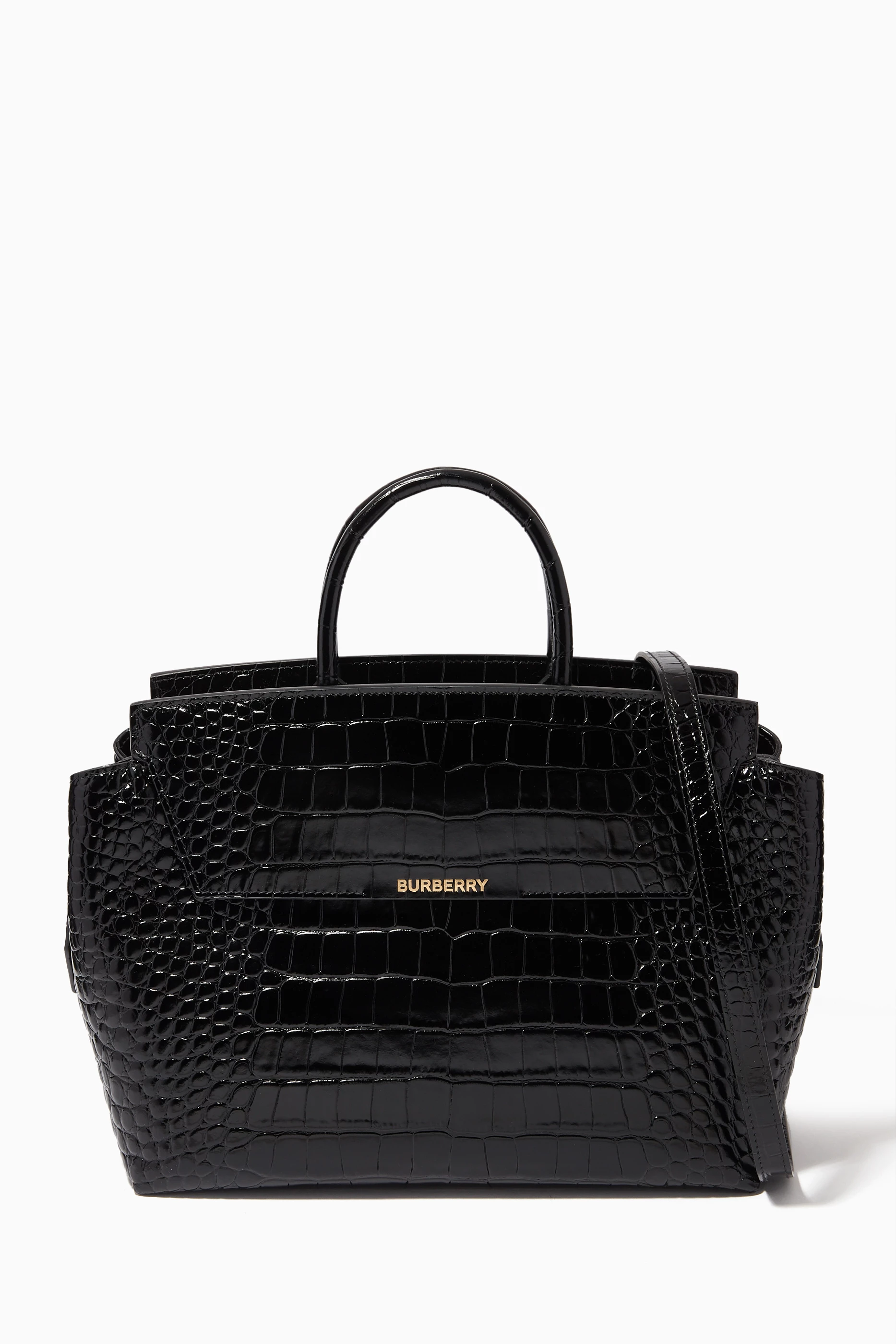 Buy Burberry Black Medium Catherine Bag in Croc embossed Leather