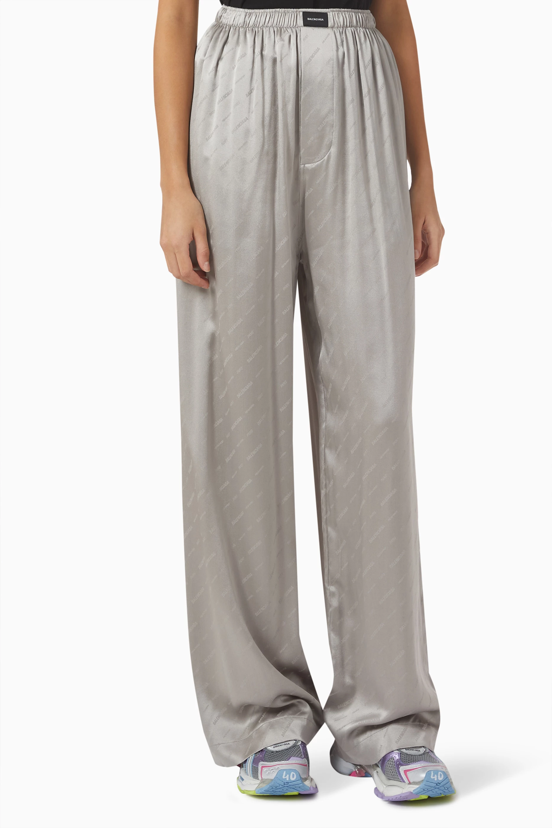 Buy Balenciaga Grey Pyjama Pants in Logo Jacquard for Women in