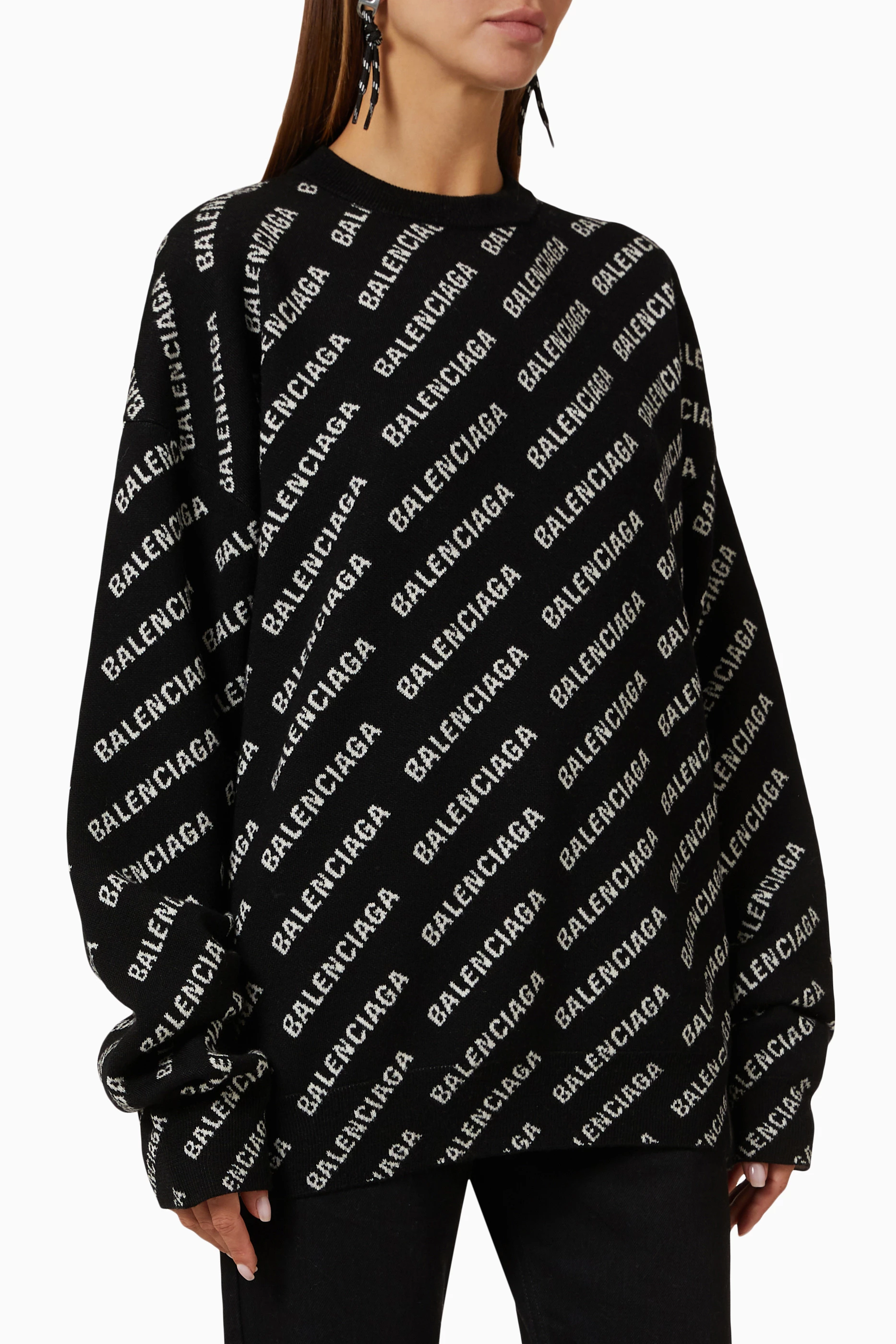 Buy Balenciaga Black Mini Allover Logo Sweater in Wool knit for