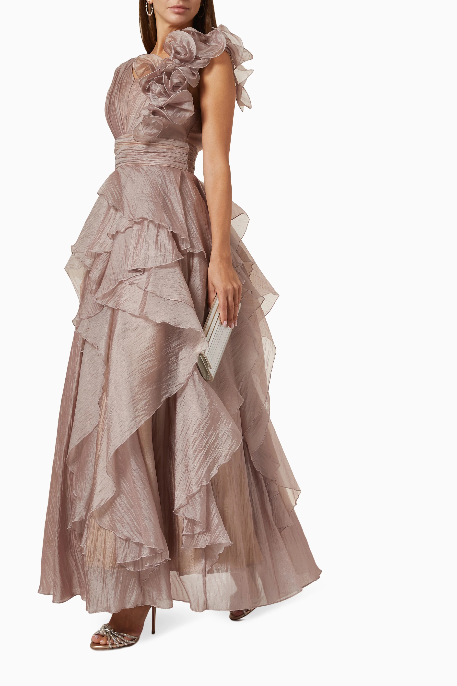 Bcbg draped ruffle and lace gown shop