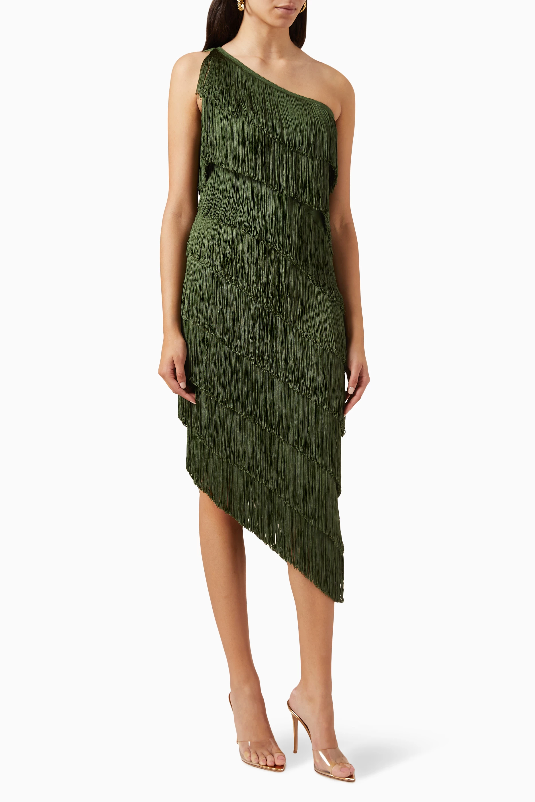 Buy Norma Kamali Green One shoulder Fringe Dress for Women in
