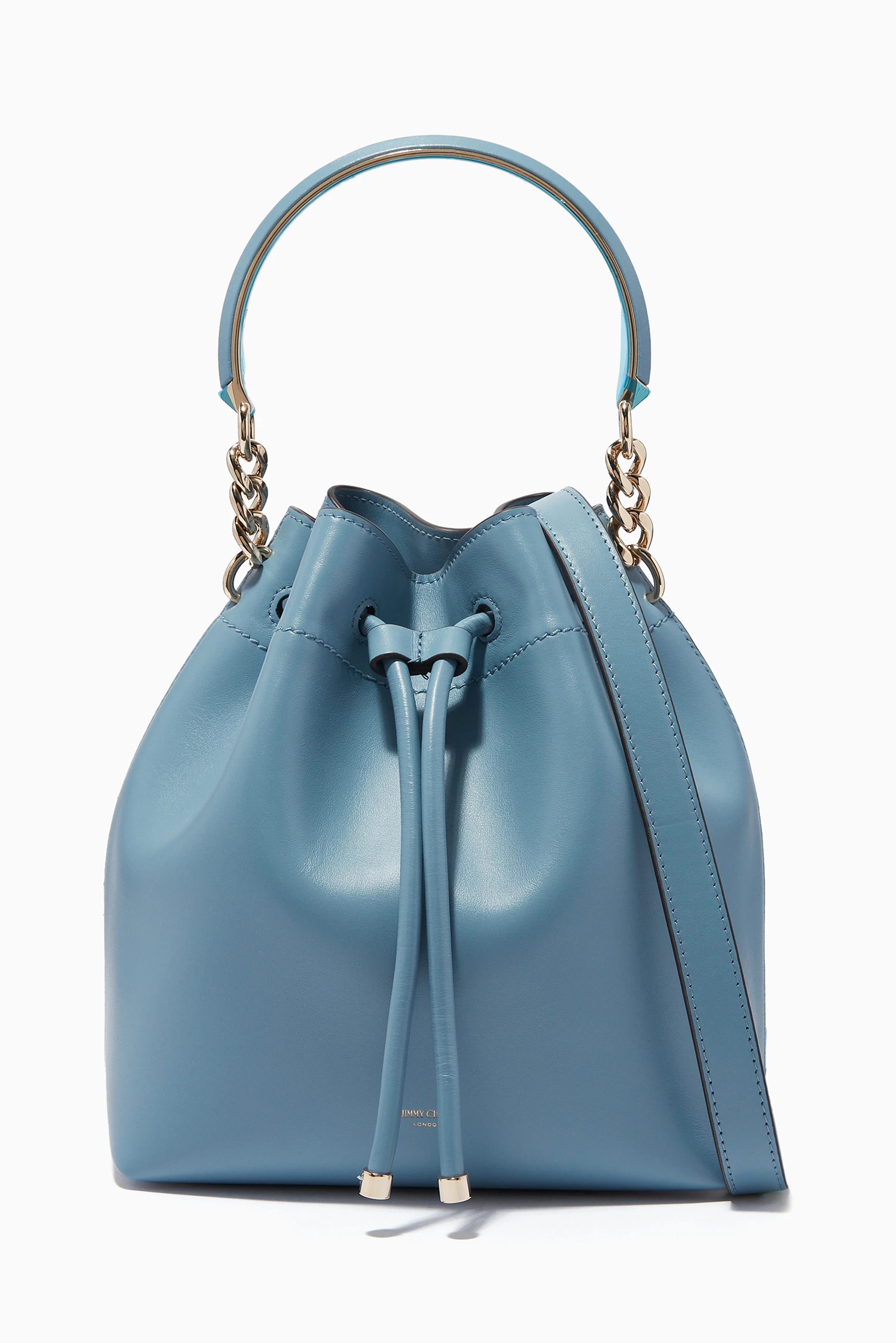 Buy Jimmy Choo Blue Bon Bon Bucket Bag in Shiny Smooth Leather for