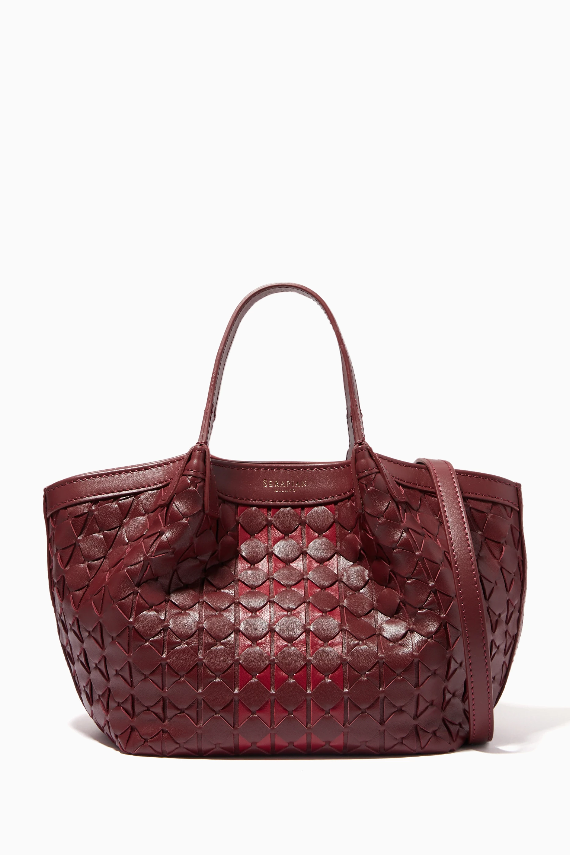 Buy Serapian Burgundy Mini Secret Tote Bag in Mosaico Nappa Online 