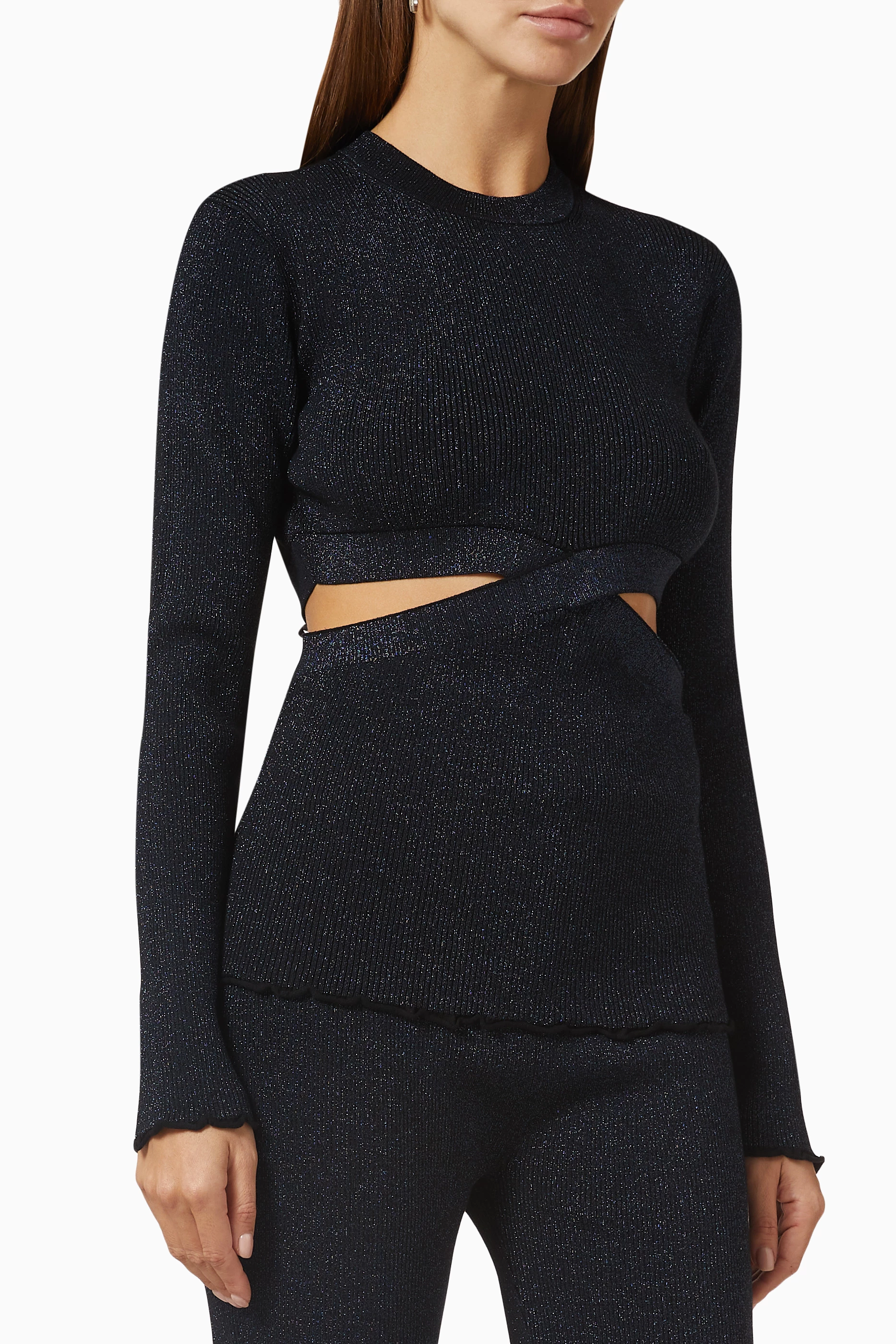 3.1 Phillip Lim Marled Lurex Crossover Cut Out Pullover in Black Midnight