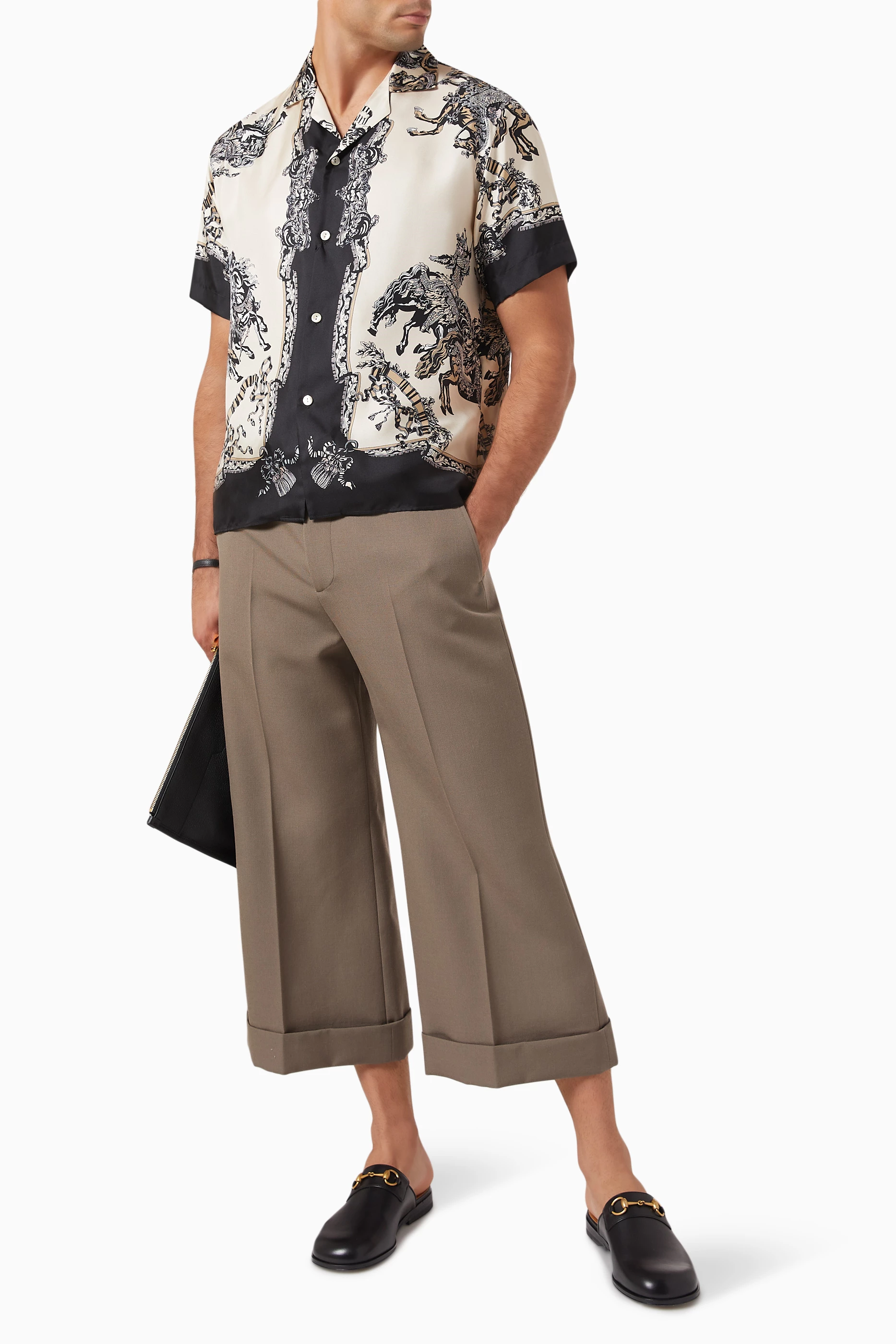 Gucci Silk Bowling Shirt With Jousting Print In Neutrals, ModeSens
