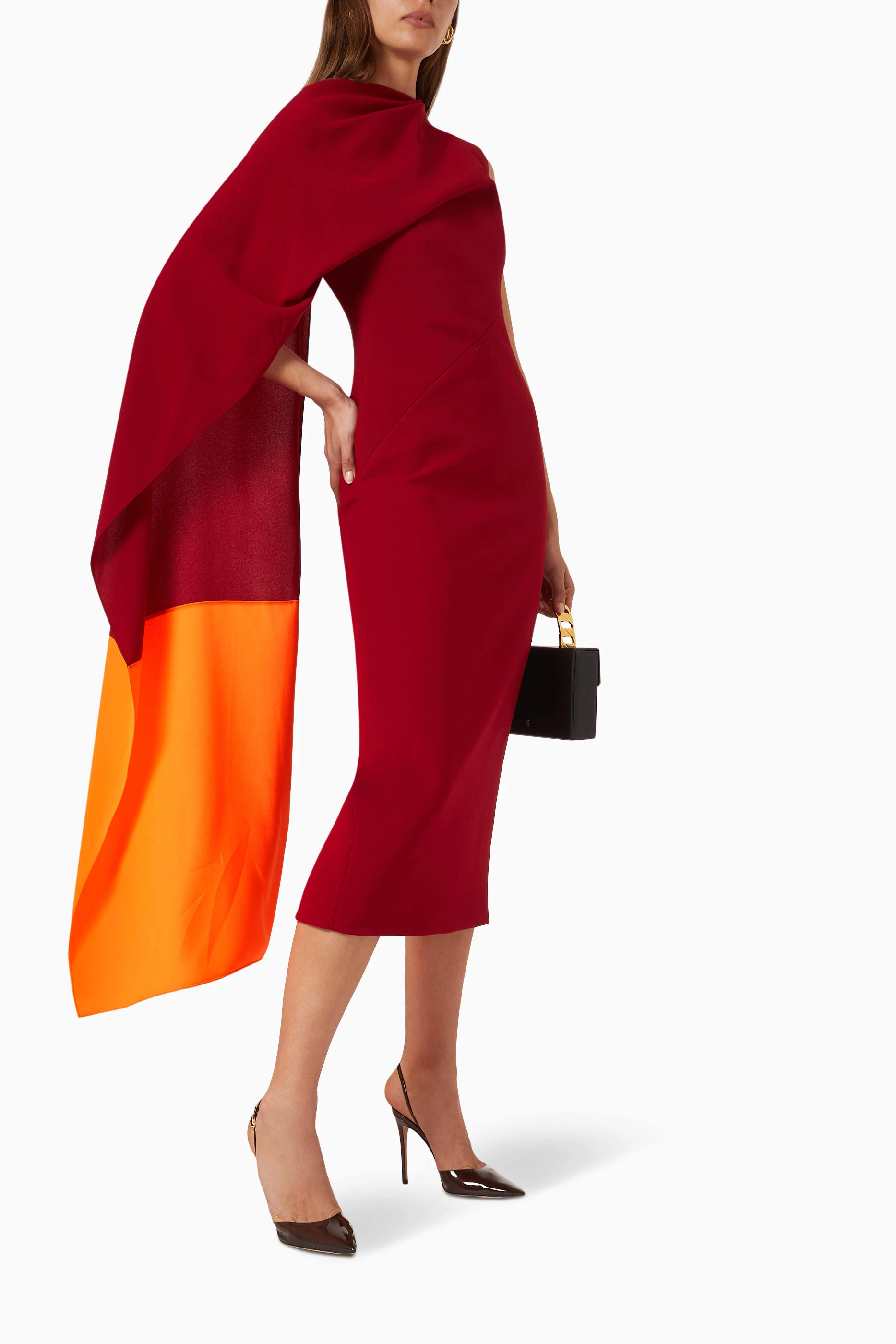 Buy Roksanda Red Draped Cape Sleeve Midi Dress in Crepe for Women