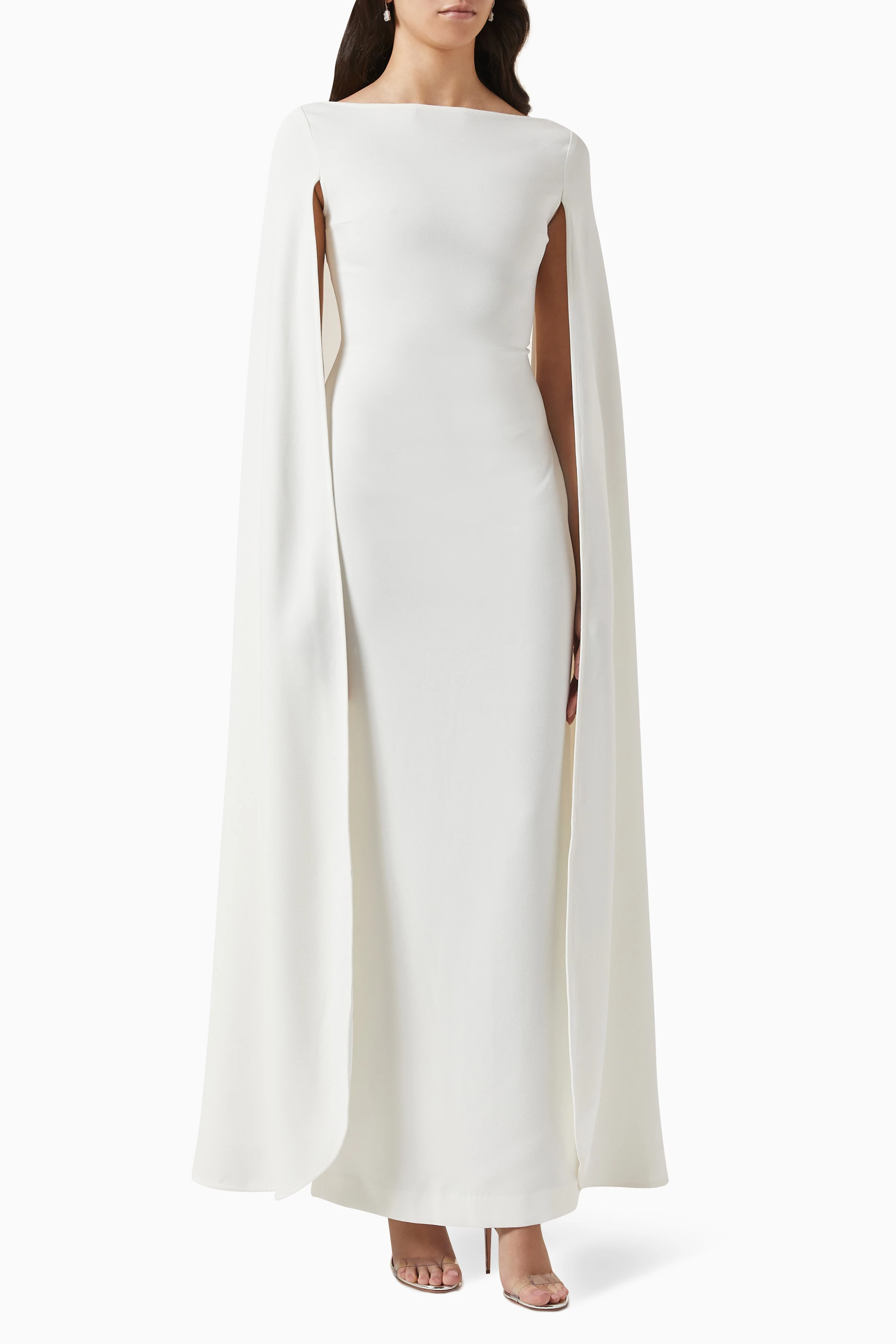 White crepe dress 2025 with cape sleeves