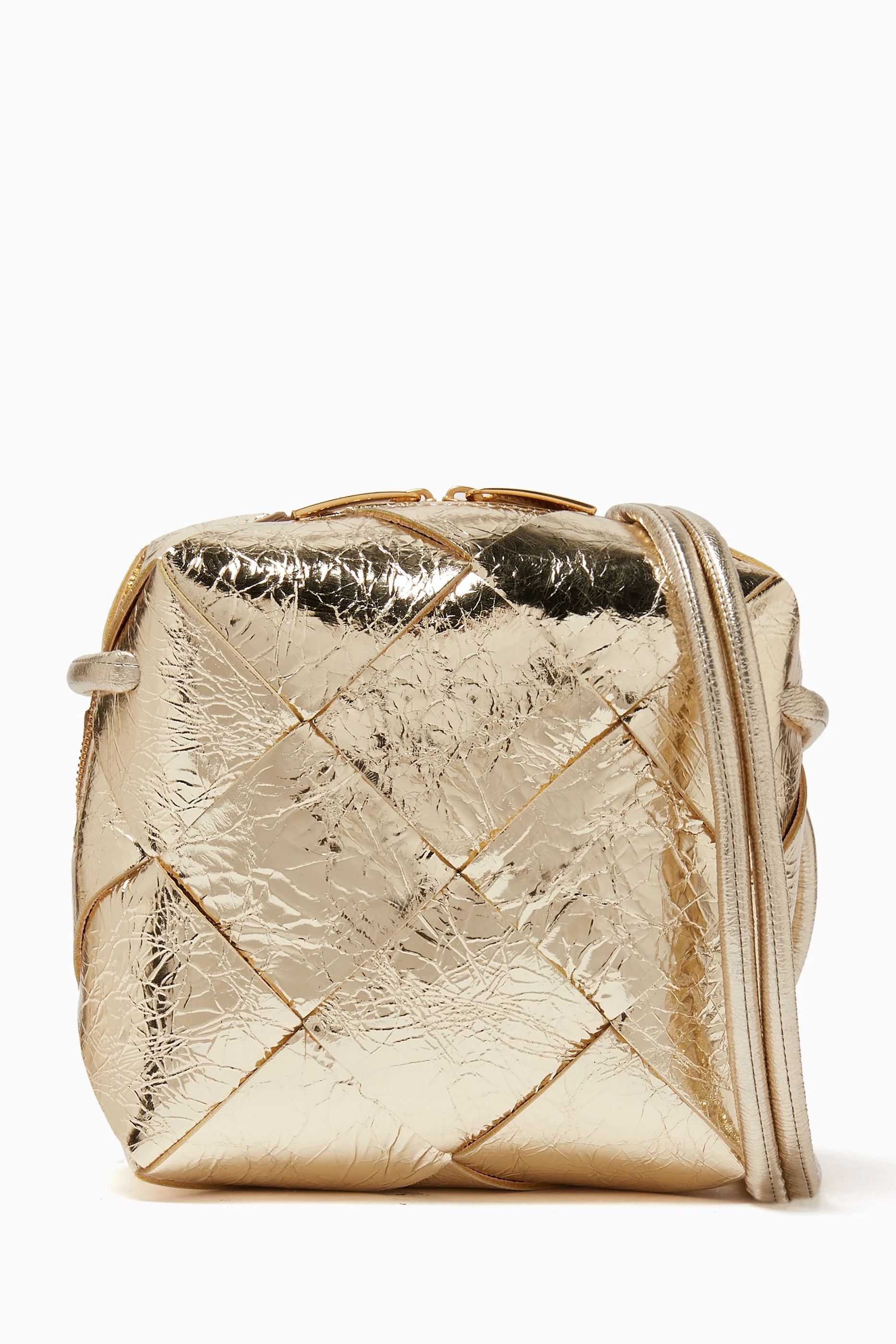 Buy Bottega Veneta Gold Mini Cassette Camera Bag in Intrecciato