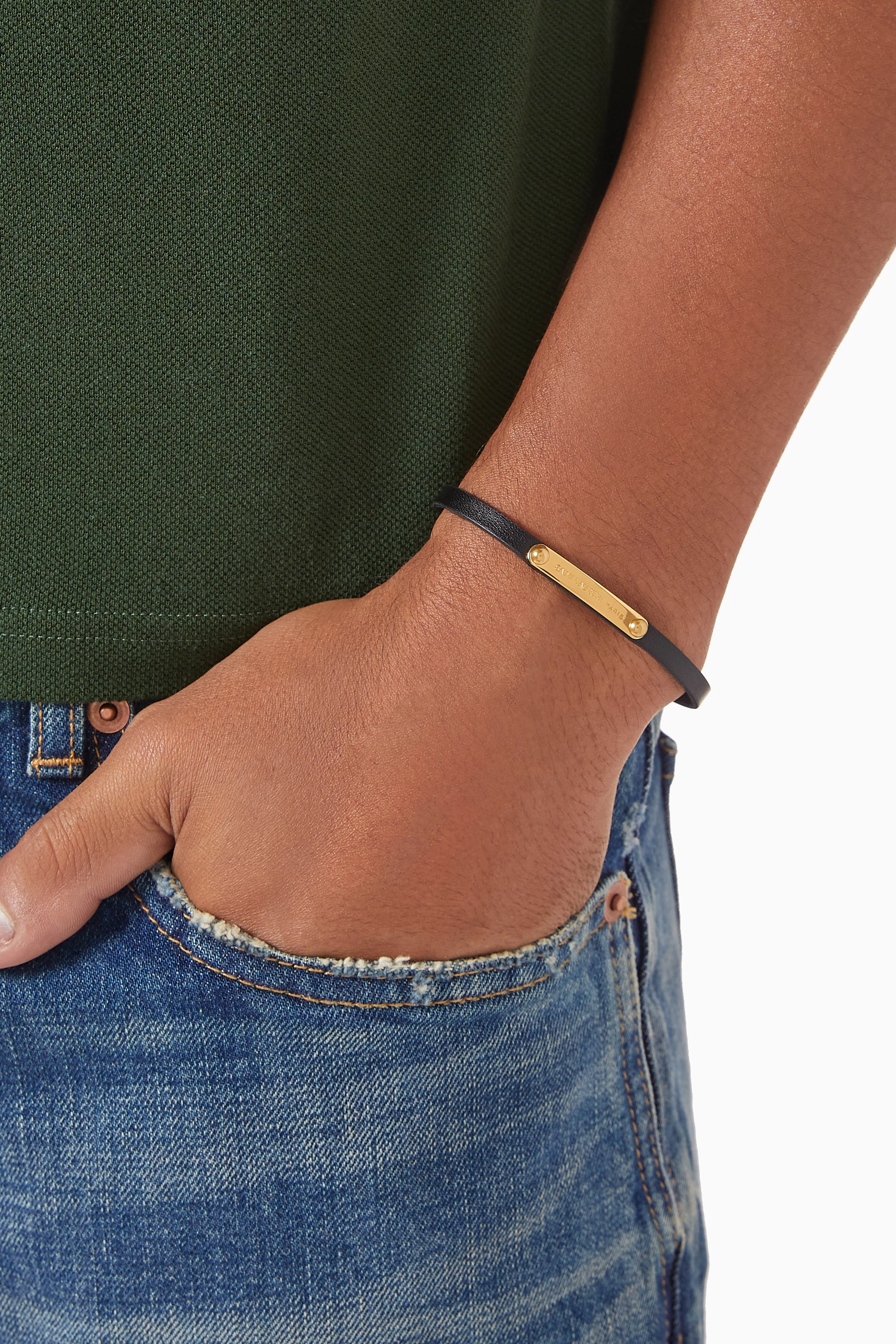 Saint laurent id plaque bracelet in smooth leather on sale and metal