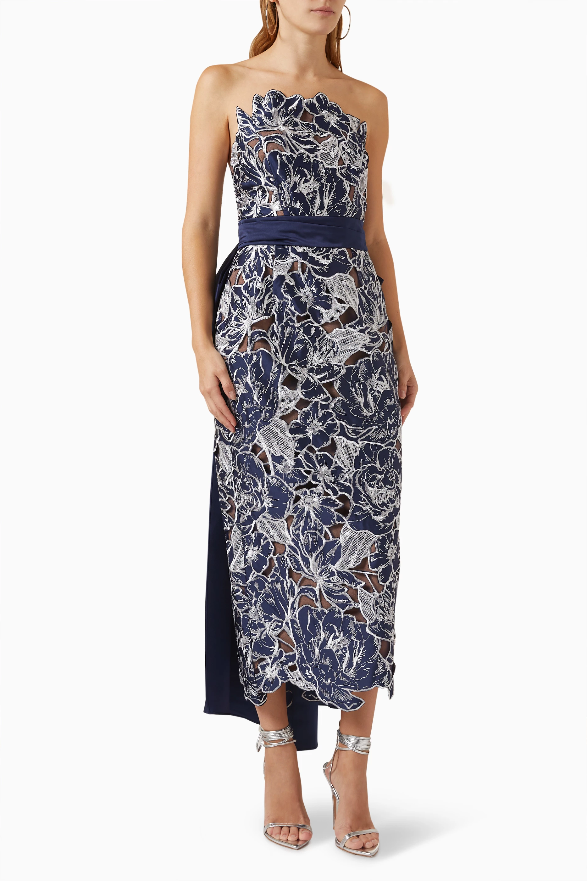 Buy Marchesa Notte Blue Embroidered Strapless Midi Dress in Satin