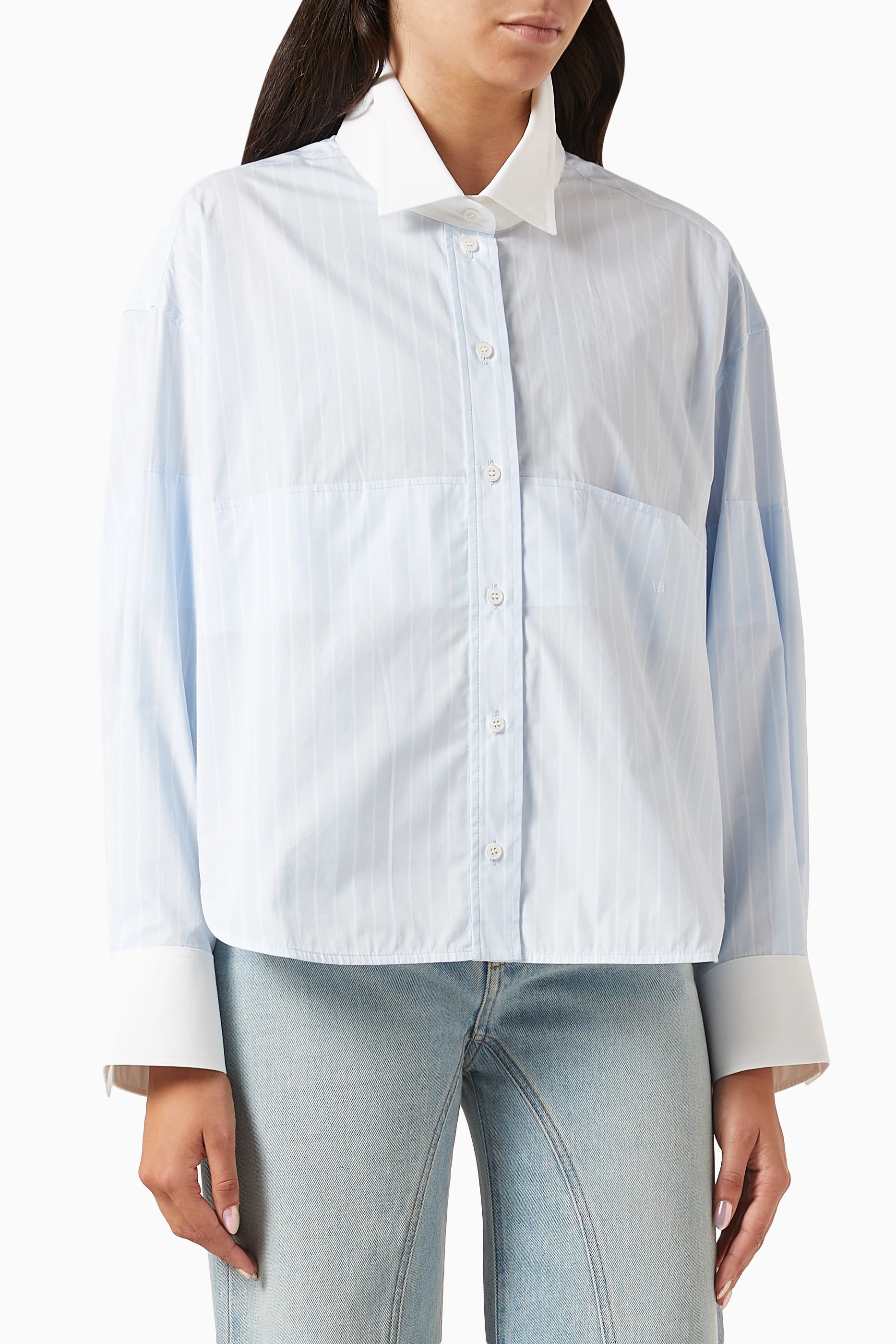 Buy Victoria Beckham Blue Tuck Striped Shirt in Cotton Poplin for