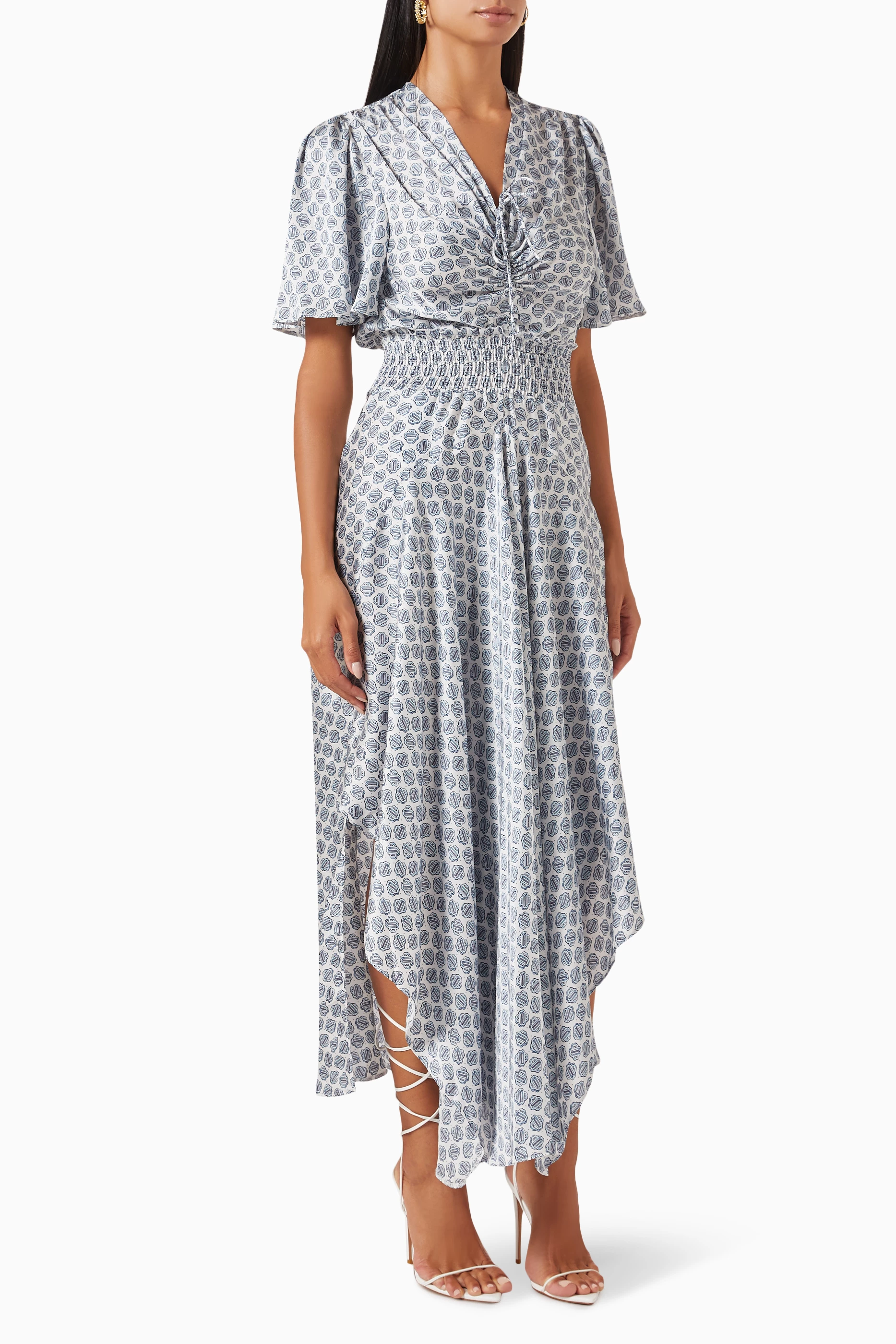 Buy Maje Blue Rachelona All over Logo Maxi Dress in Satin for
