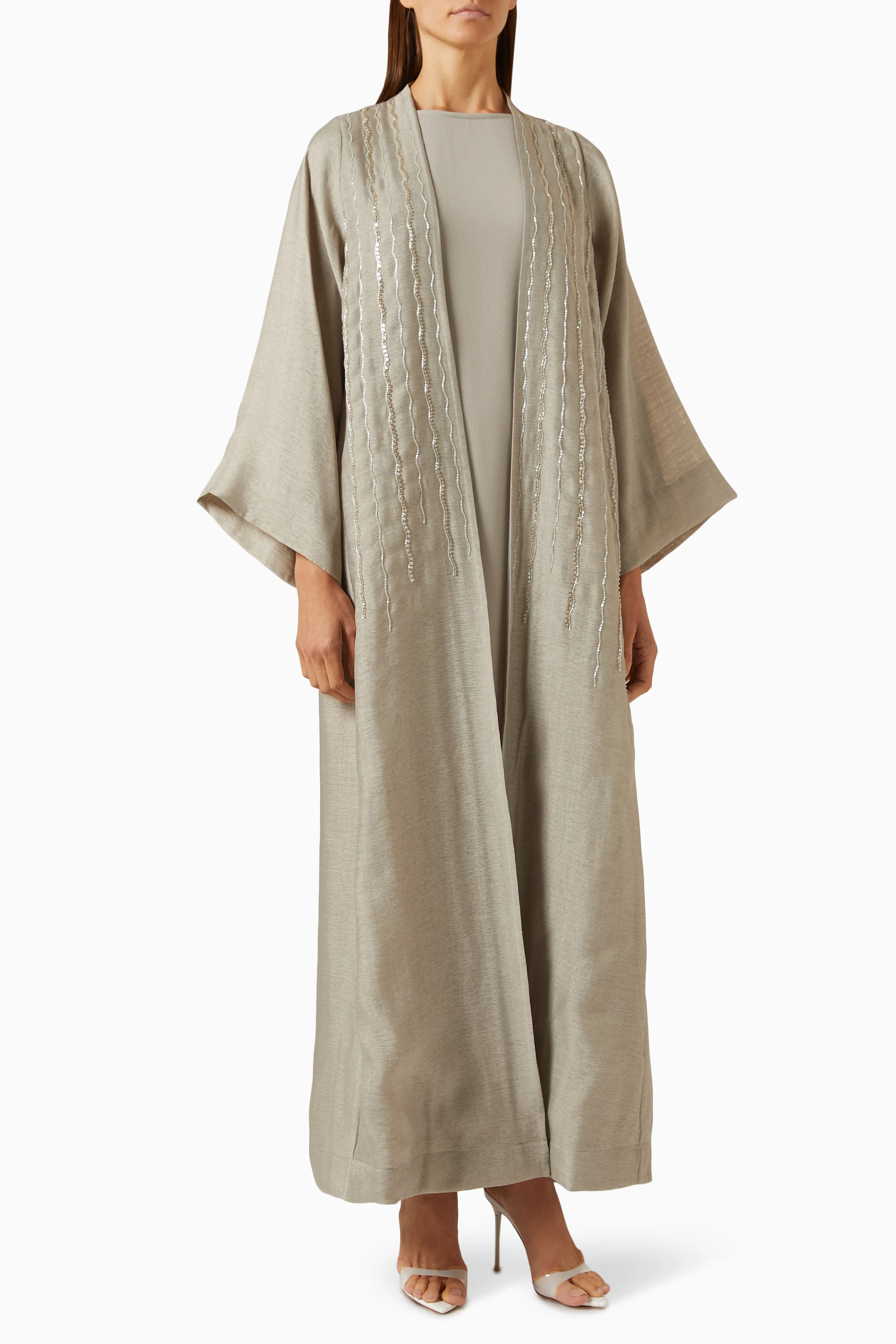 Buy Homa Q Green 3 piece Embellished Abaya Set in Cotton Satin