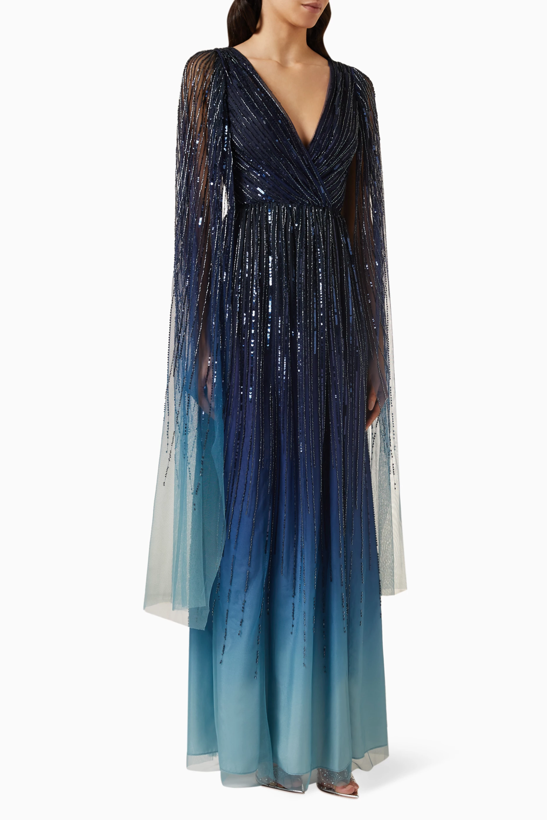 Marchesa notte v neck ombre outlet pleated tulle dress