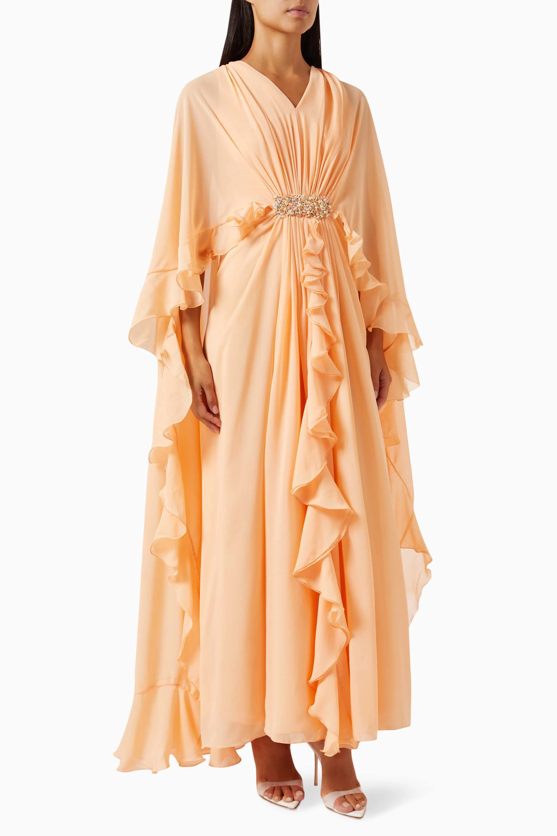 Buy Mandira Wirk Orange Pleated Cape Dress in Georgette for Women