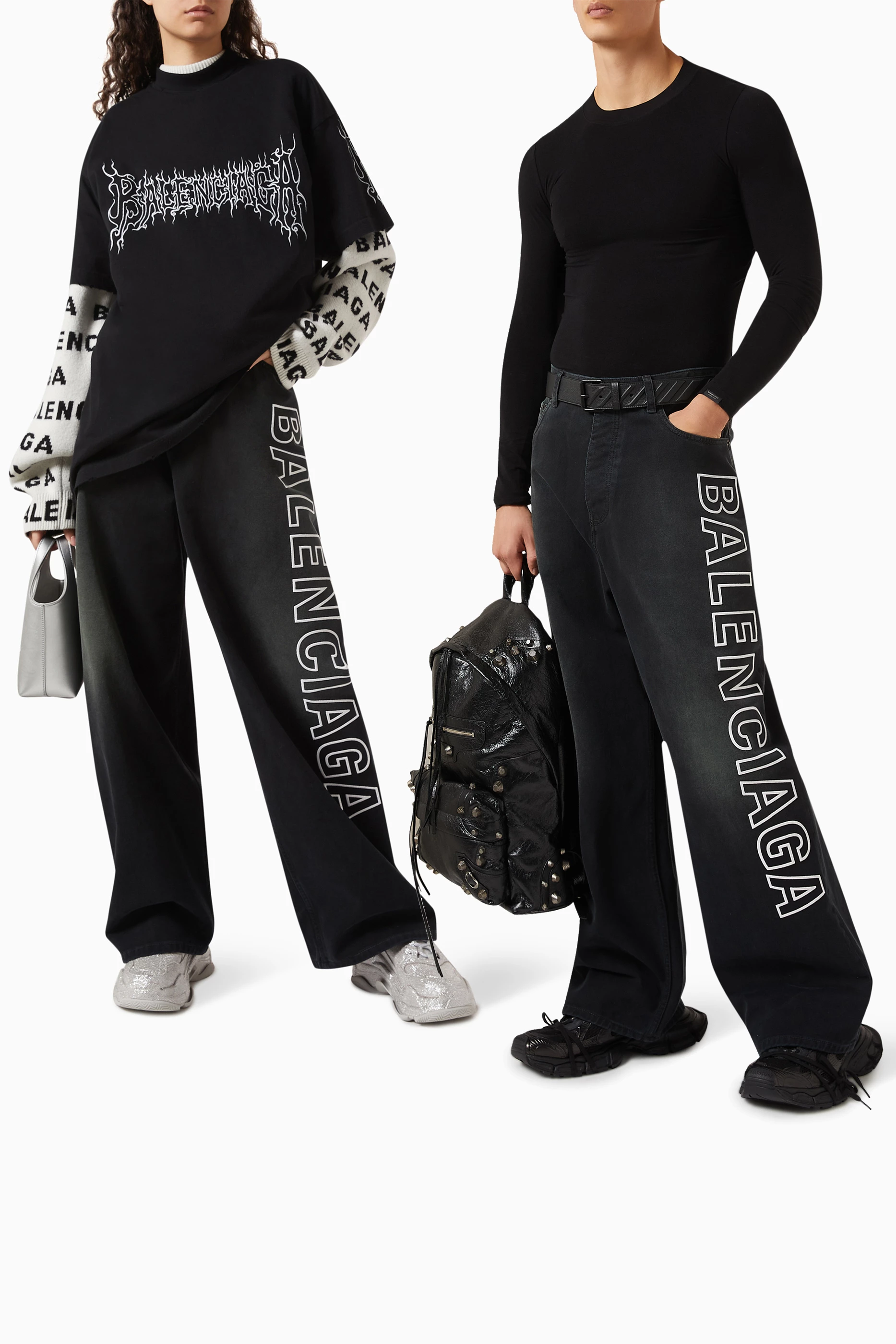 Buy Balenciaga Black Unisex Outline Logo Baggy Pants In Denim for