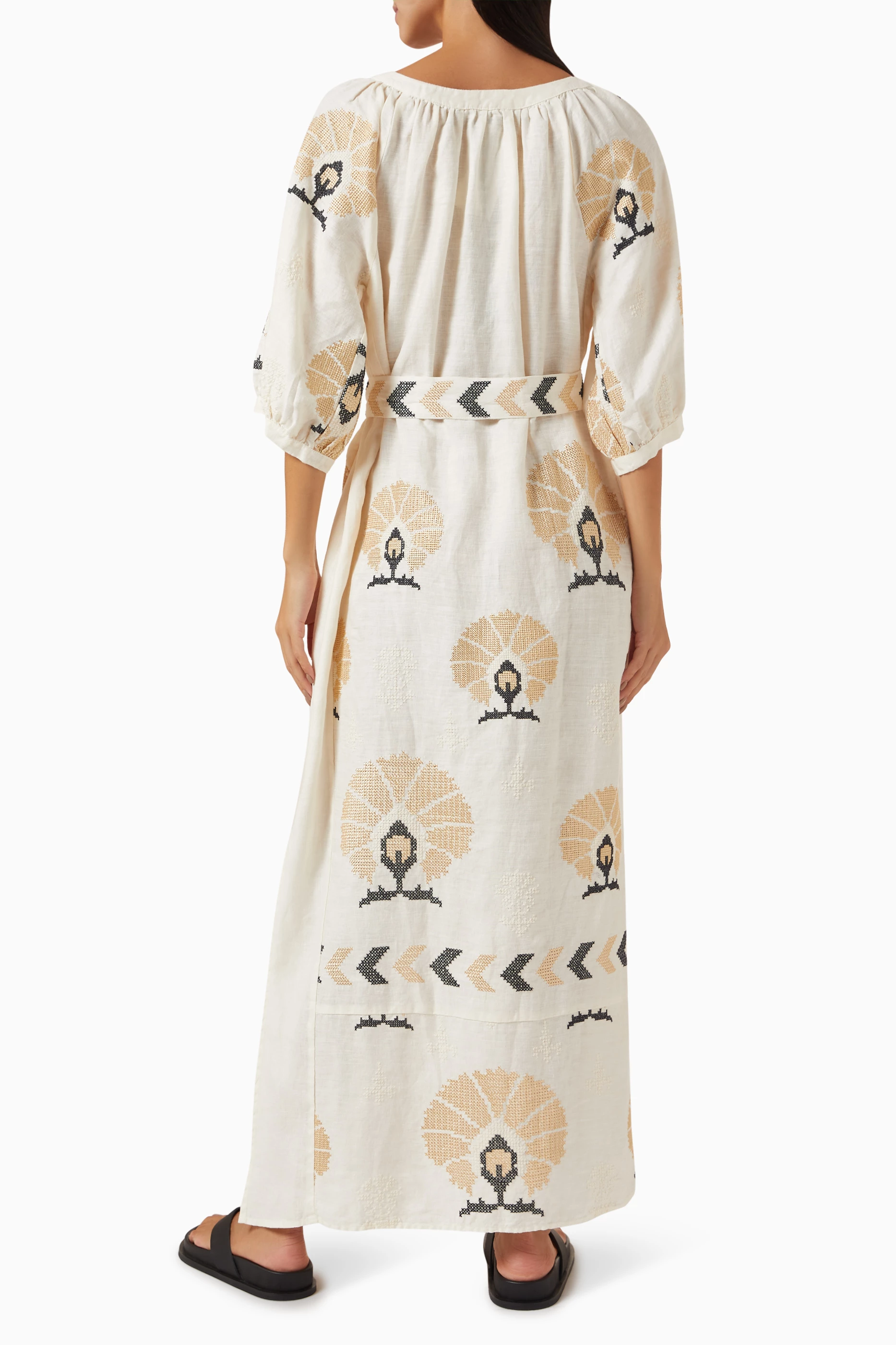 Buy Kori Gold Mini Peacocks Belt Maxi Dress in Linen for Women in