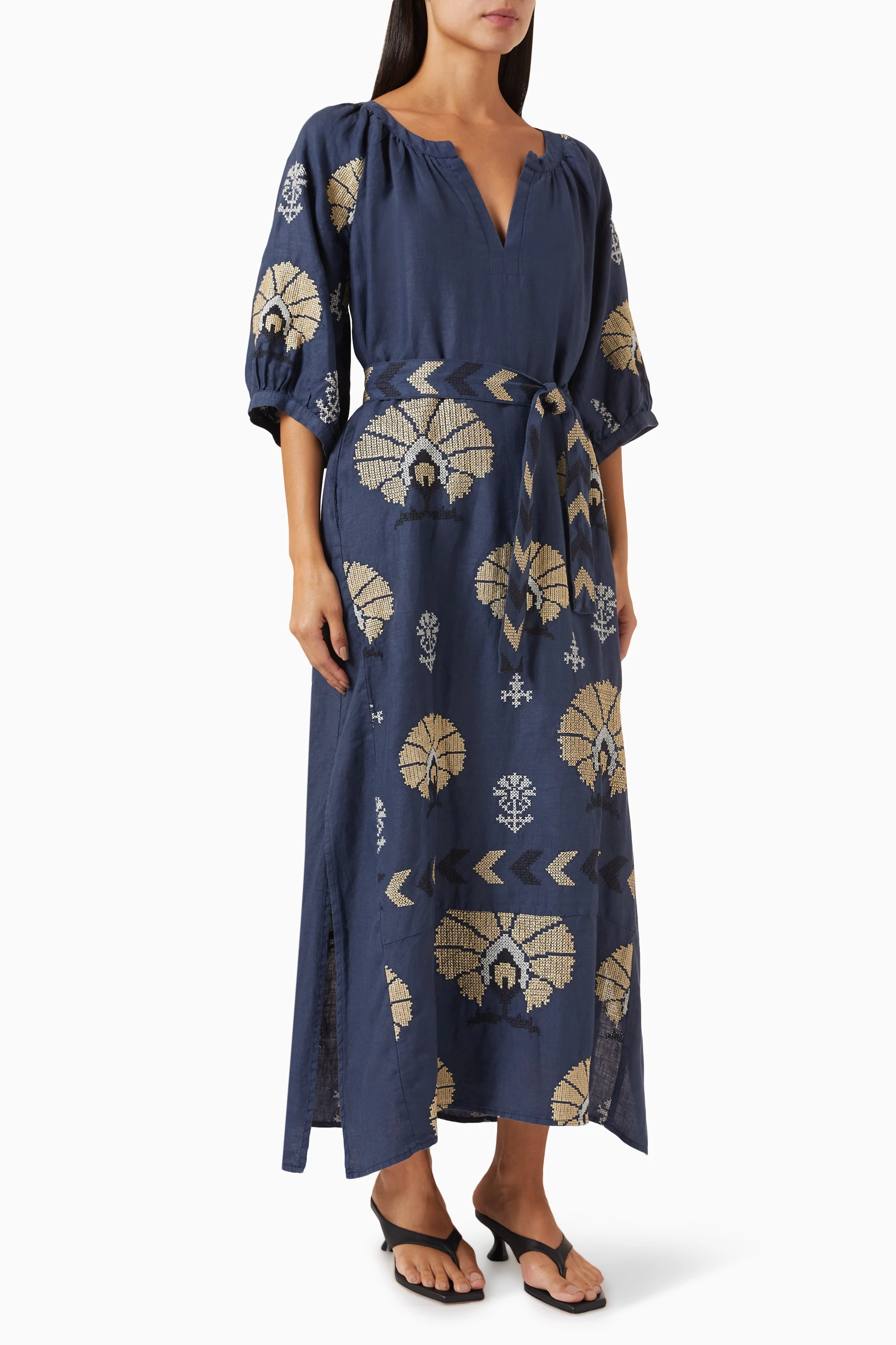 Buy Kori Blue Mini Peacocks Belt Maxi Dress in Linen for Women in